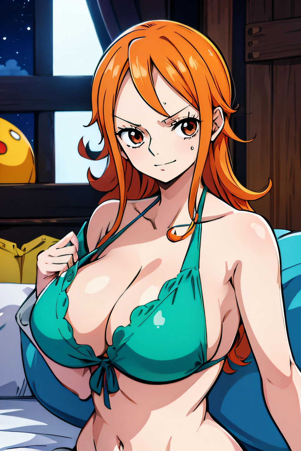 Generar una imagen realista de estilo anime de Nami de One Piece. Captura su apariencia distintiva con cabello naranja, and a cheerful expression. Make sure the image reflects your adventurous and confident personality as shown in the anime..., cuerpo completo, plano amplio , NSFW, Curvy athletic body, ojos naranjas, ojos naranjas, Noche, bikini negro, Casa, cama, ojos naranjas