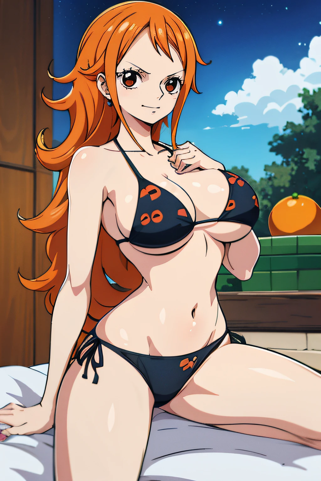 Generar una imagen realista de estilo anime de Nami de One Piece. Captura su apariencia distintiva con cabello naranja, and a cheerful expression. Make sure the image reflects your adventurous and confident personality as shown in the anime..., cuerpo completo, plano amplio , NSFW, Curvy athletic body, ojos naranjas, ojos naranjas, Noche, bikini negro, Casa, cama, ojos naranjas