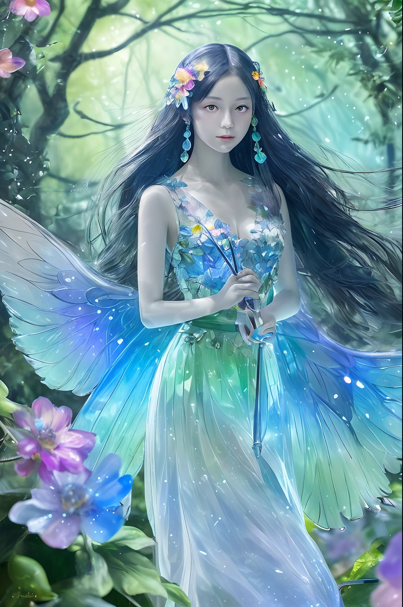 Gradient Eyes, the woods,Night Moon,Mini cute 3 flower fairy, A slender、ring,Skirt made of petals,Huge flowers,Colorful colorful,Transparent and colorful wings, magic wands,closeup cleavage,Optical attenuation,glow effect,depth of fields,Highlight,Real Light,Ray traching,OC rendering,Hyper-realistic,best qualtiy,8K,Works of masters,super-fine,Detailed pubic hair,Correct anatomy,sharp focus on eyes,Bokeh,Facial features are carefully drawn,in style of hayao miyazaki,Miyazaki Animation Style