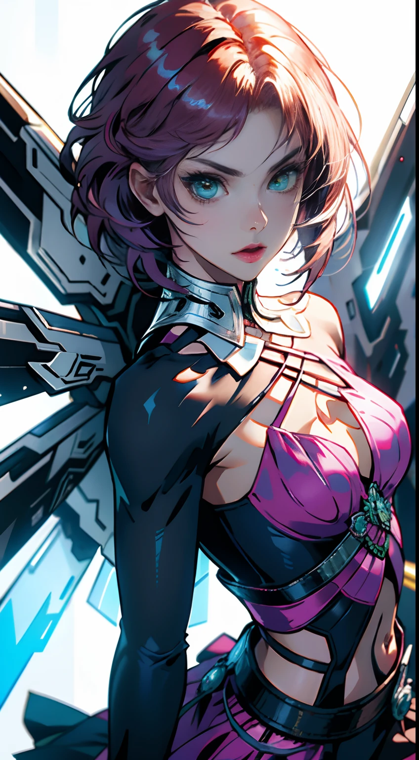 Alisa, cabelos rosa curtos multicor, Symmetrical perfect green eyes, sardas no rosto, rosto bonito, mechanical wings, Tekken