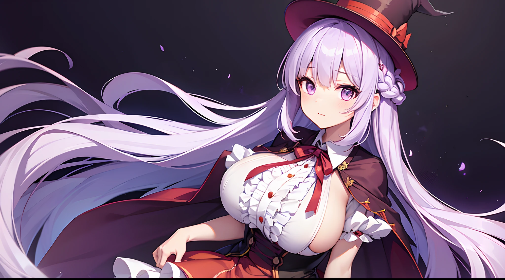 1 girl, game CG, frilled white shirt, short red skirt, cloak, top hat, neck ribbon, hair ribbon, gigantic breasts, light purple hair, long hair, french braid, purple eyes, Halloween background,