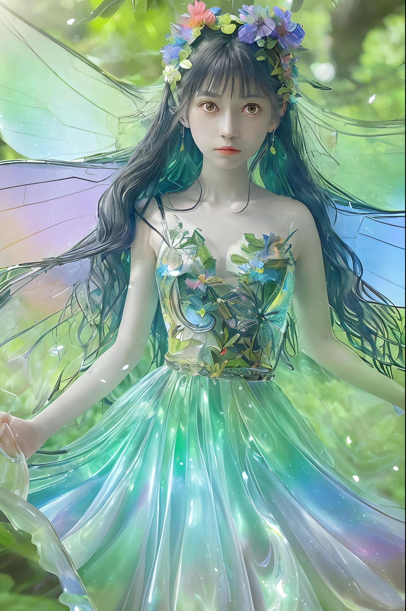 Gradient Eyes, the woods，Night Moon，Mini cute 3  flower fairy, A slender、ring，Skirt made of petals，Huge flowers，Colorful colorful，Transparent and colorful wings, magic wands，closeup cleavage，Optical attenuation，glow effect，depth of fields，Highlight，Real Light，Ray traching，OC rendering，Hyper-realistic，best qualtiy，8K，Works of masters，super-fine，Detailed pubic hair，Correct anatomy，sharp focus on eyes，Bokeh，Facial features are carefully drawn，in style of hayao miyazaki，Miyazaki Animation Style