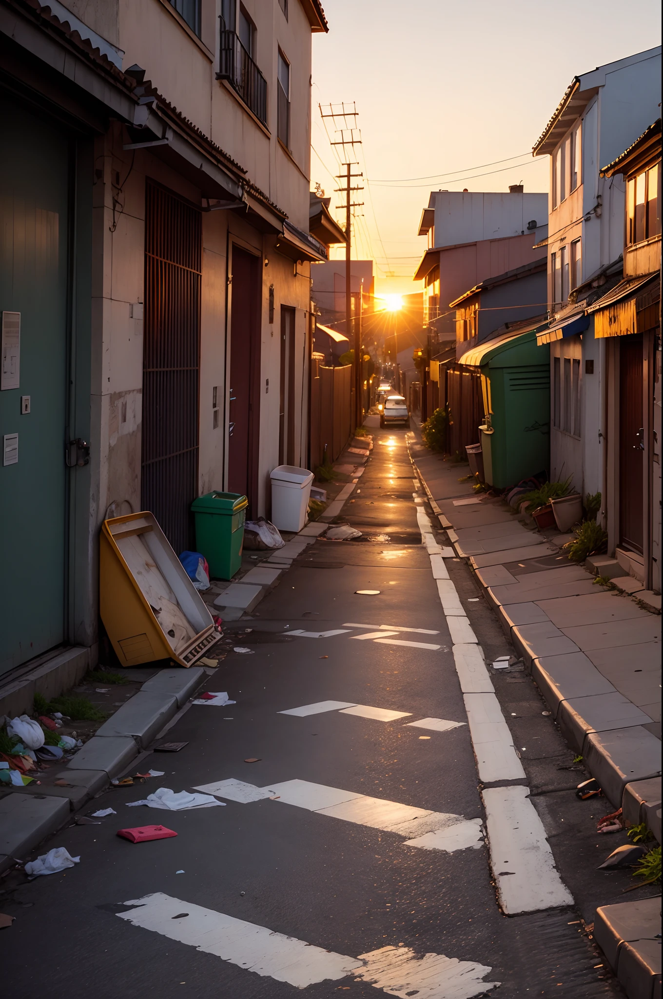 A picture of trash in the street at sunset