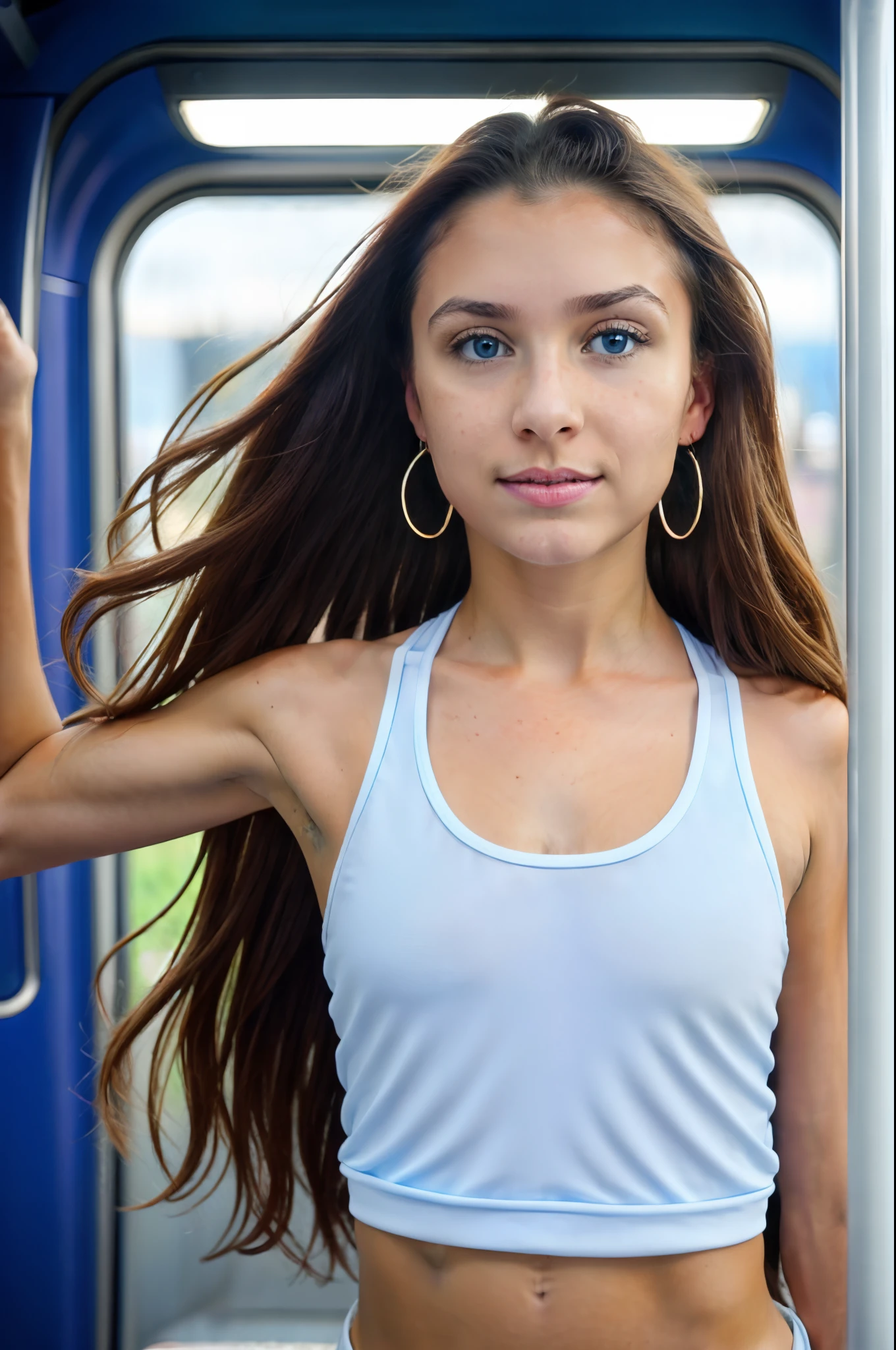 ((Croatian )), beautiful girl, freckles on her face, light blue eyes, large earrings, white tank top, square neckline, black leggings, no panties, realistic vagina, full body, shot from below, very light skin , very long hair, wavy hair, red hair, busy subway car, photorealistic, indirect lighting, volumetric light, ray tracing, hyper-detailed, best quality, ultra-high resolution, HDR, 8k