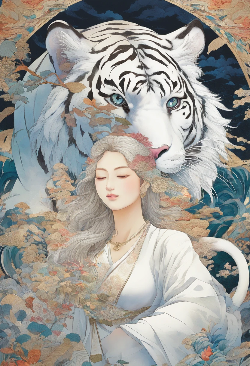 White tiger and mature adult female, Beautiful tamer of beasts, Mature woman, (mature face:1.4), Mountain and sea sutra,Mythological beasts, a handsome, mature face, Extremely detailed, Beautiful shade and lighting, Masterpiece, absurdes