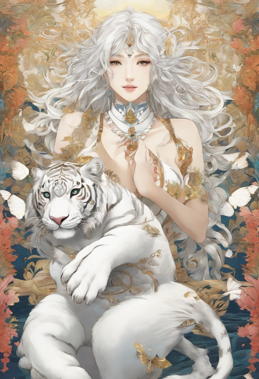 White tiger and mature adult female, Beautiful tamer of beasts, Mature woman, (mature face:1.4), Mountain and sea sutra,Mythological beasts, a handsome, mature face, Extremely detailed, Beautiful shade and lighting, Masterpiece, absurdes