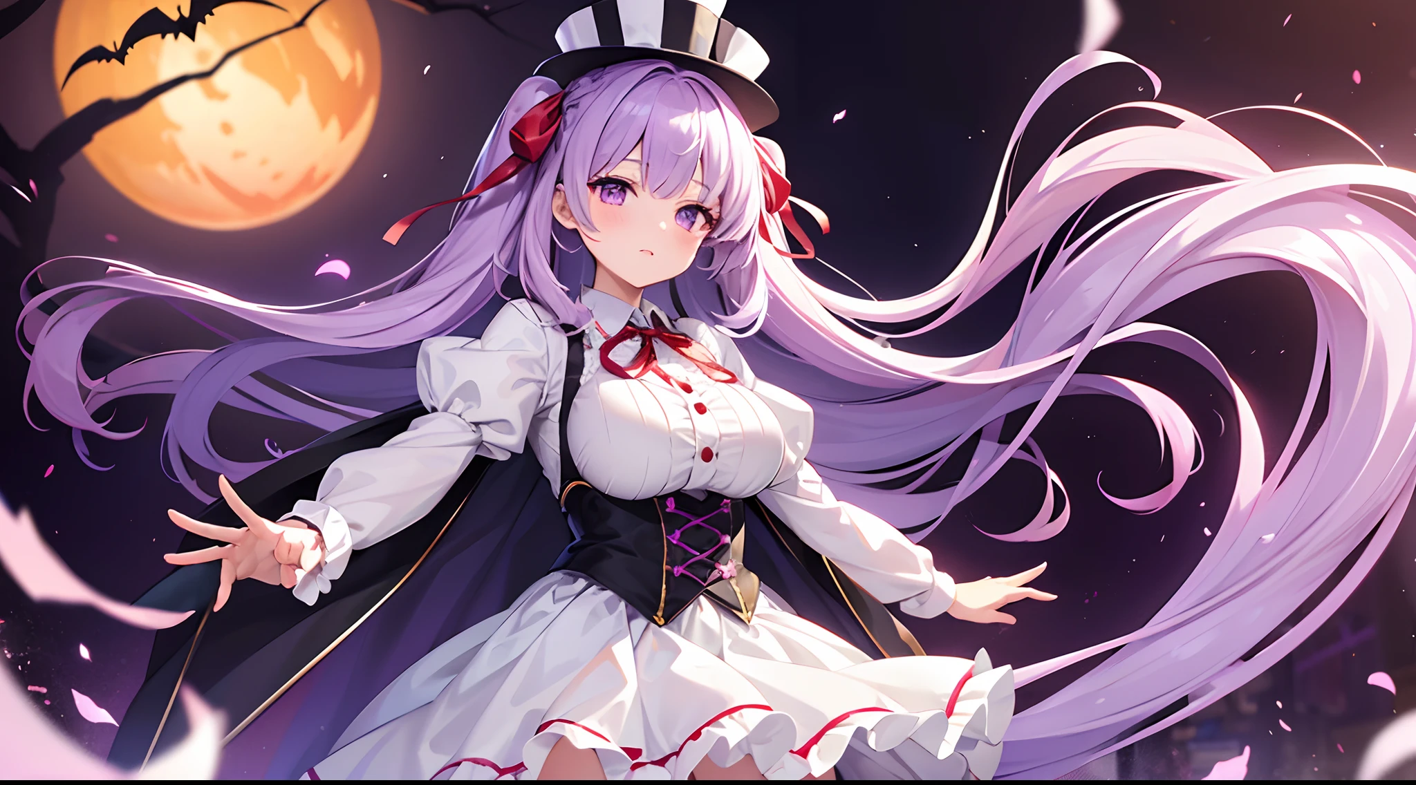 1 girl, game CG, frilled white shirt, short red skirt, cloak, top hat, neck ribbon, hair ribbon, gigantic breasts, light purple hair, long hair, french braid, purple eyes, Halloween background,
