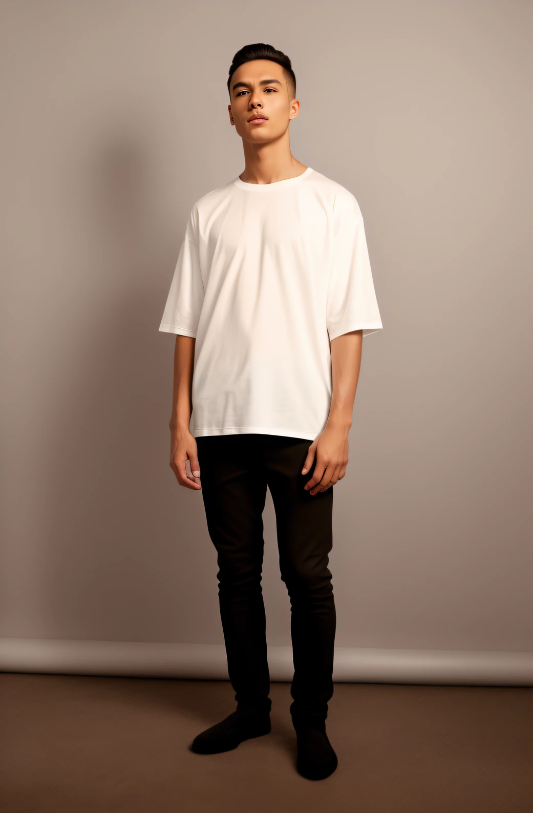 handsom man in a white shirt standing in front of a wall,full white background, fashion, luxury, extra detail, man in white basic oversized tshirt, white t-shirt, white t - shirt, young man with short, white tshirt, dressed in a white t shirt, plain white tshirt, dressed in a white t-shirt, young man with medium - length, medium portrait top light, (8k, RAW photo, best quality, masterpiece:1.2), (realistic, photo-realistic:1.37), professional lighting, photon mapping, radiosity, physically-based rendering,