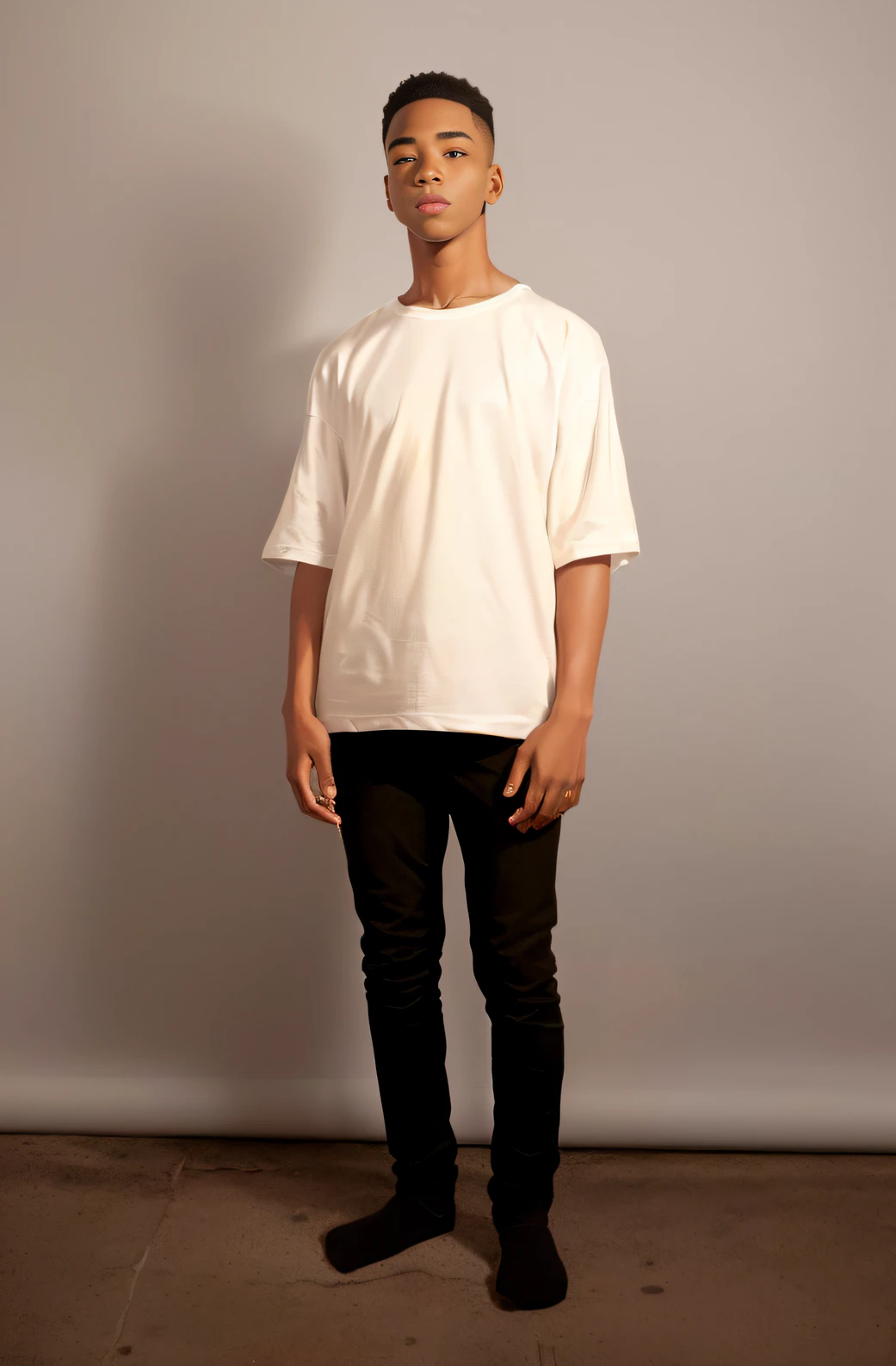 arafed man in a white shirt and black pants standing in front of a white wall, plain white tshirt, white tshirt, full body wide shot, white t - shirt, white t-shirt, dressed in a white t shirt, white russian clothes, minimal clothing, full body photograph, white sleeves, teenage boy, dressed in a white t-shirt