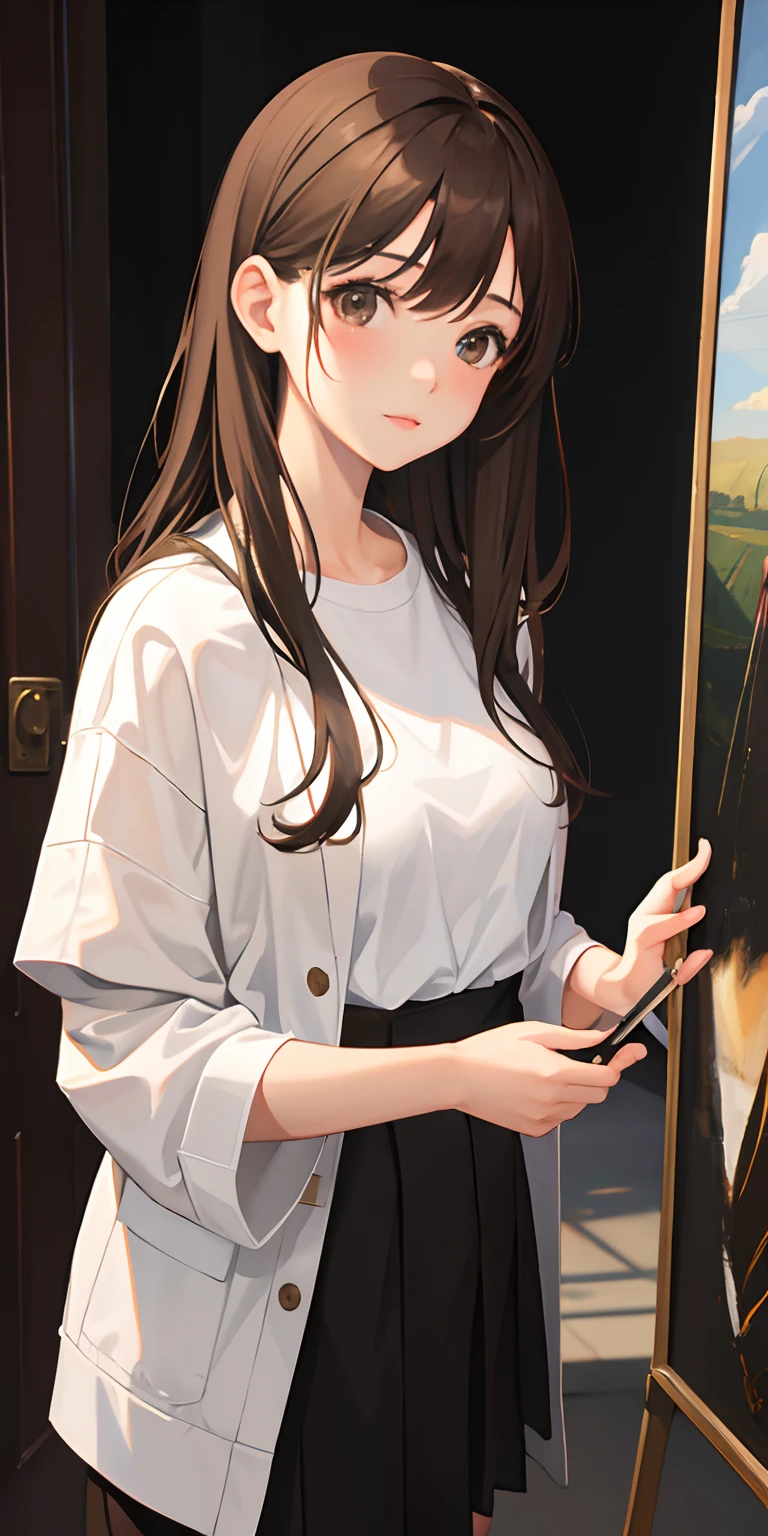 1girl in, Oil Painting, Painting \(Medium\), ((wlop))、brown haired、swept bangs