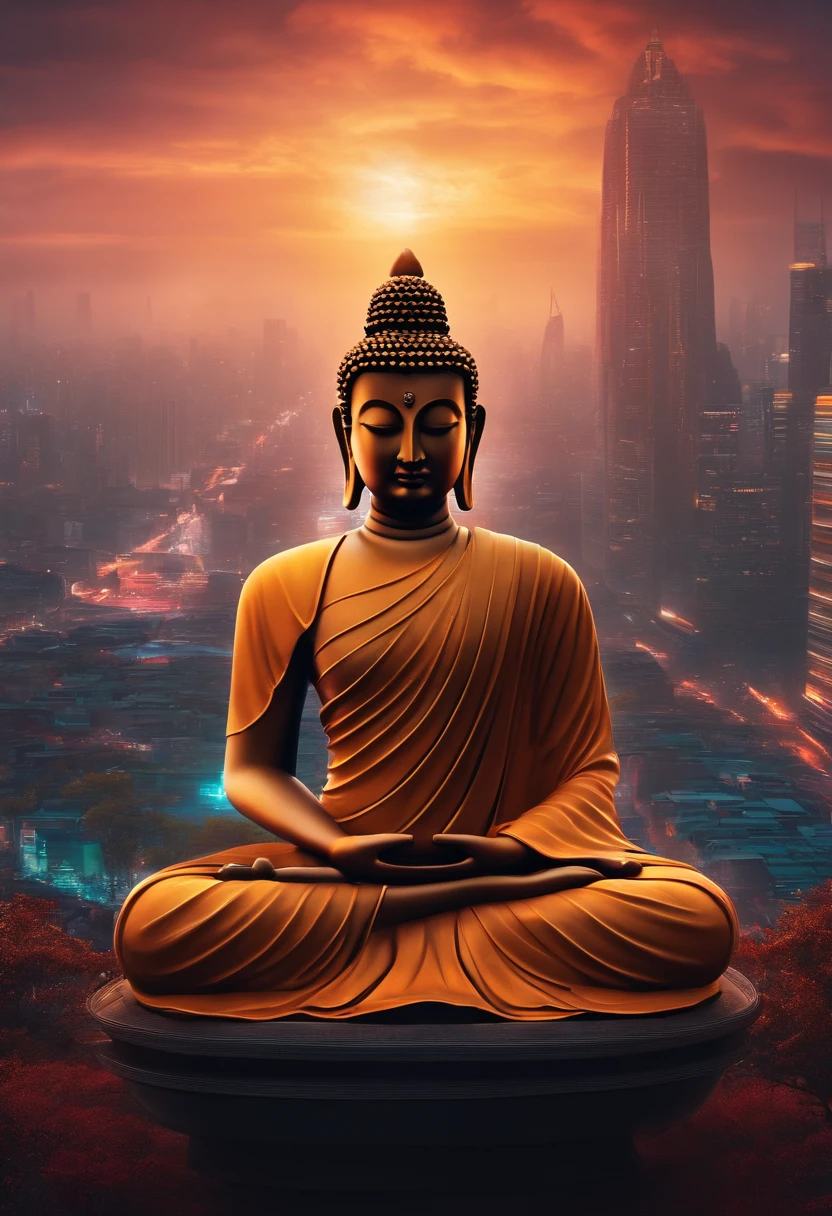 Buddha, Meditation in the middle of the metropolis, Cyberpunk city, Cyberpunk meditation