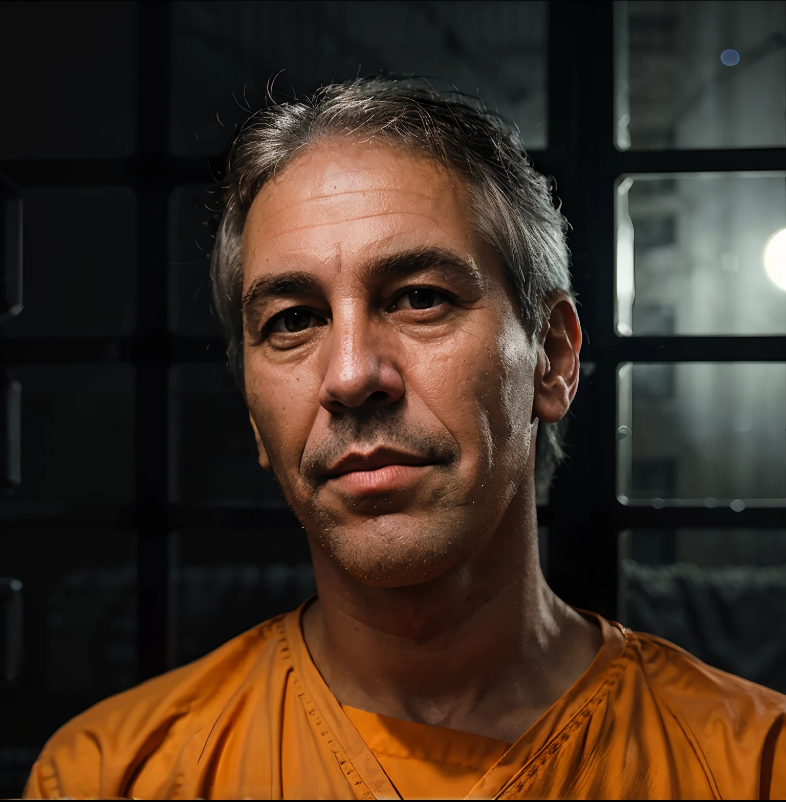 Jeffrey Epstein wearing an ((orange jumpsuit)), (((sitting in a prison cell))), iron bars, sharp focus, ((wide angle 35mm)), (atmospheric lighting), night sky, moonlight coming through window, volumetric lighting, specular lighting, moon beams, raytracing, subsurface scattering, raycast, prison grounds background, eyes looking at camera, sharp focus, extreme focus, super detailed focus, extreme bokeh, night sky, ambient light, volumetric lighting, raytracing, reflection, refraction, subsurface scattering, raycast, raycasting, moon beams, hdr, sharp focus, extreme focus, super detailed focus, dof, extreme dof, bokeh, extreme bokeh, high quality, highest quality, 8k, 16k, photorealistic, photoreal