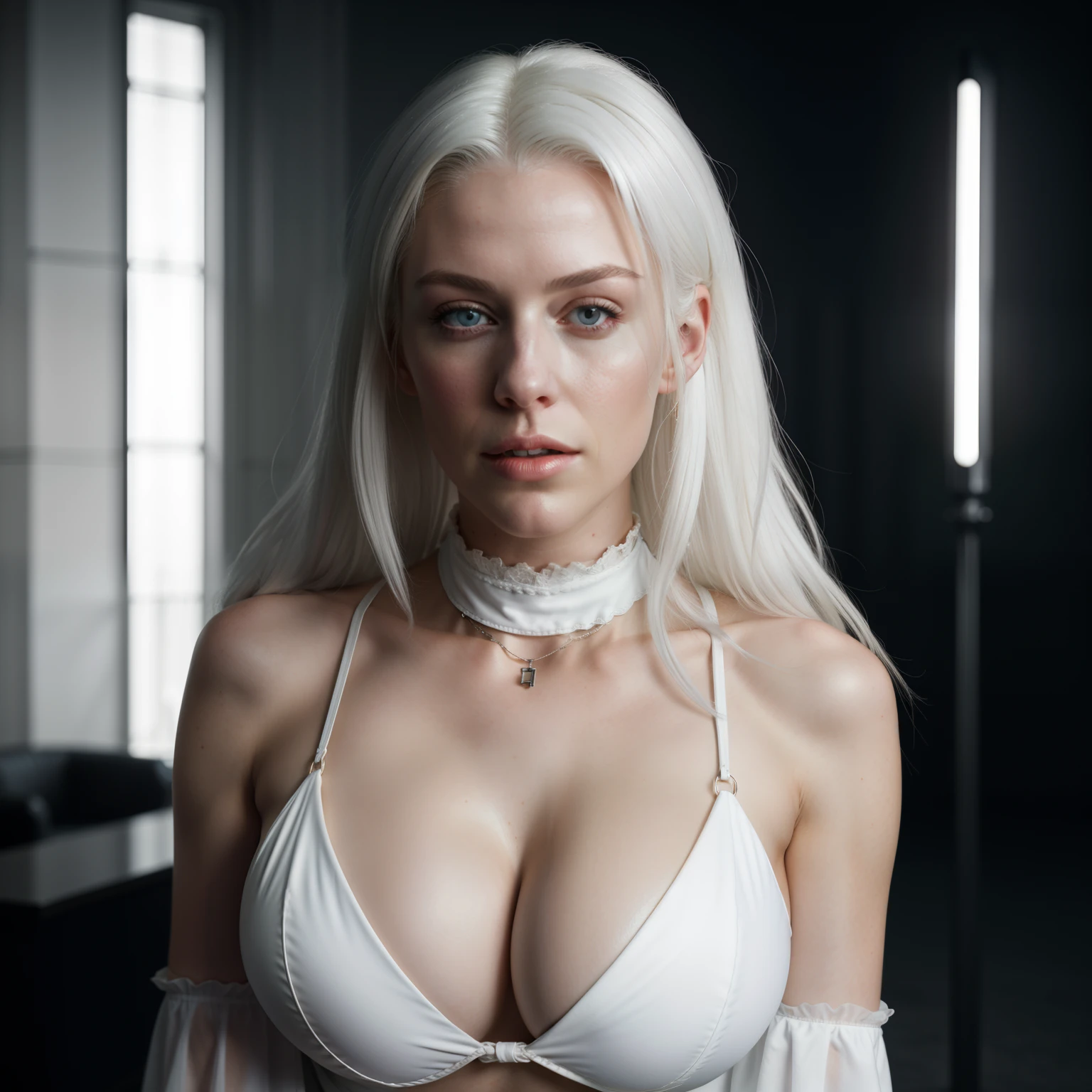 Btflindngds, a beautiful girl named Charlotte, big lips, beatiful sexy white hair, gorgeous actress, european, photograph by artgerm and (greg rutkowski:0.3), (cinematic:0.4) lighting, big natural breasts, breast cleavage, bikini, dark Mansion , skinny body, jewellery, chokers, very hot girl