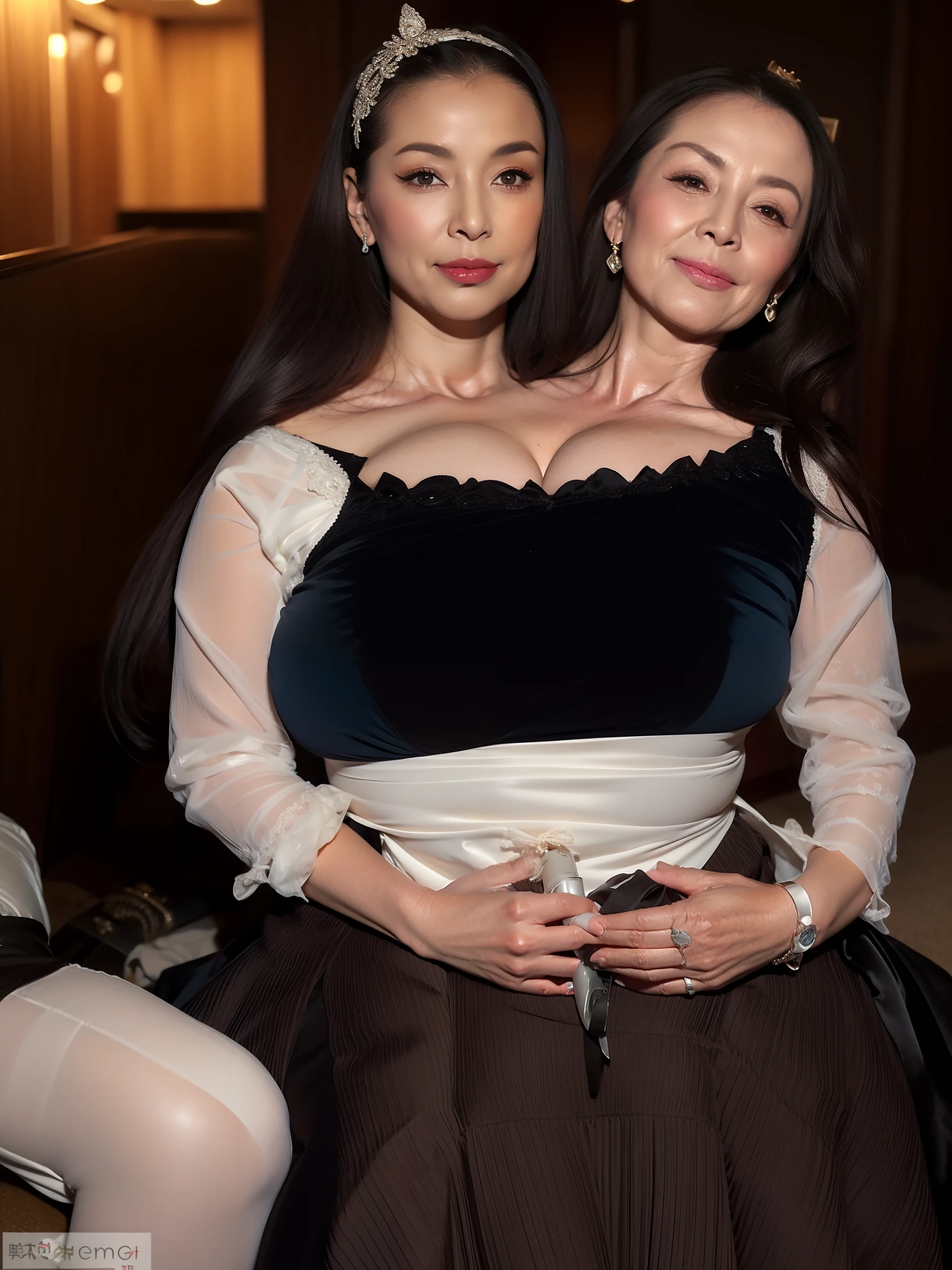 intaglio, from the chest up, wrinkles, mast, Best Quality, Ultra-detailed, Photorealistic, super detailed skin, Perfect Anatomy, (1 Japan mature woman), (Solo), 75 years old, Big breasts, Mature Female Politician, carismatic, A sexy, Chromo-white skin, view the viewer, Middle-aged woman,(No cleavage),upper limbs, makeup, (lip stick: 1.1), (eye line: 1.2), mascara, eyeshadows, Wavy Hair, Room, Outdoors, earrings, Necklace,  see-through shiny sleeveless dress, Black pantyhose, Wrinkles at the corners of the eyes, Wrinkles in the mouth, Sitting in a coffee shop,
