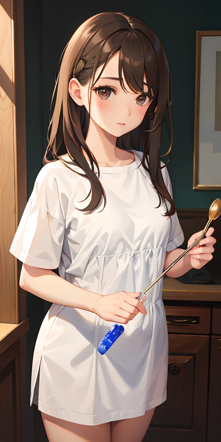 1girl in, Oil Painting, Painting \(Medium\), ((wlop))、brown haired、swept bangs