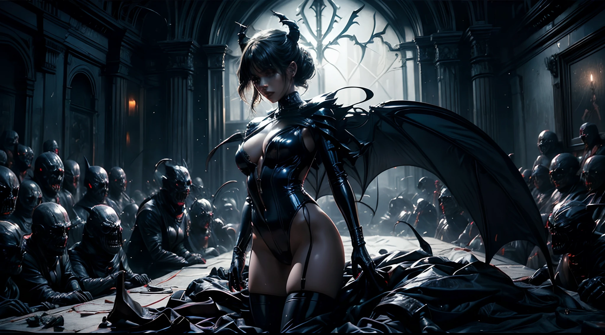 There's a demon woman dressed in white latex leotard standing in the middle of a dark room, dark scenario, thong leotard, perfect body, proportional, sensual pose, no lights, horror movie, creepy scenario, horror background, cinematic, dramatic lights, ultra detailed, photorealistic, masterpiece, trending on Artstation.