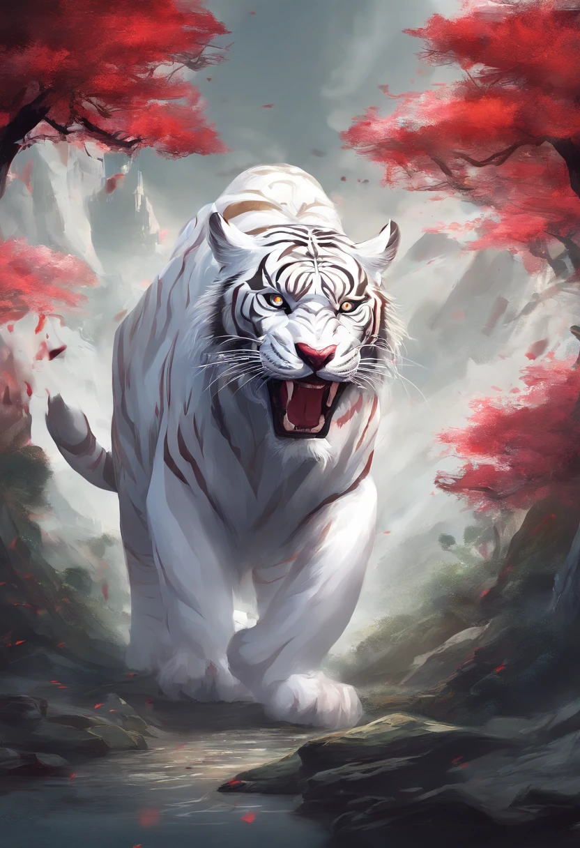 China-style,Chinese mythology,White Tiger,roar,ferocious,gigantic,Eyes glow red,glow effects,High hills,cloudy fog,the night,Medium view Сцена,body complet, like a, highly detailed surreal vfx,oc render, - AR 16:9 --q 2 --s 1000