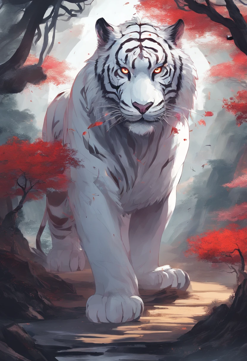 China-style，Chinese mythology，the white tiger，tosen，Ferocious，gargantuan，The eyes glow red，Glow effects，High hills，Cloud fog，the night，中景 the scene is，Full body like， highly detailed surreal vfx，oc rendered， - AR 16:9 --q 2 --s 1000