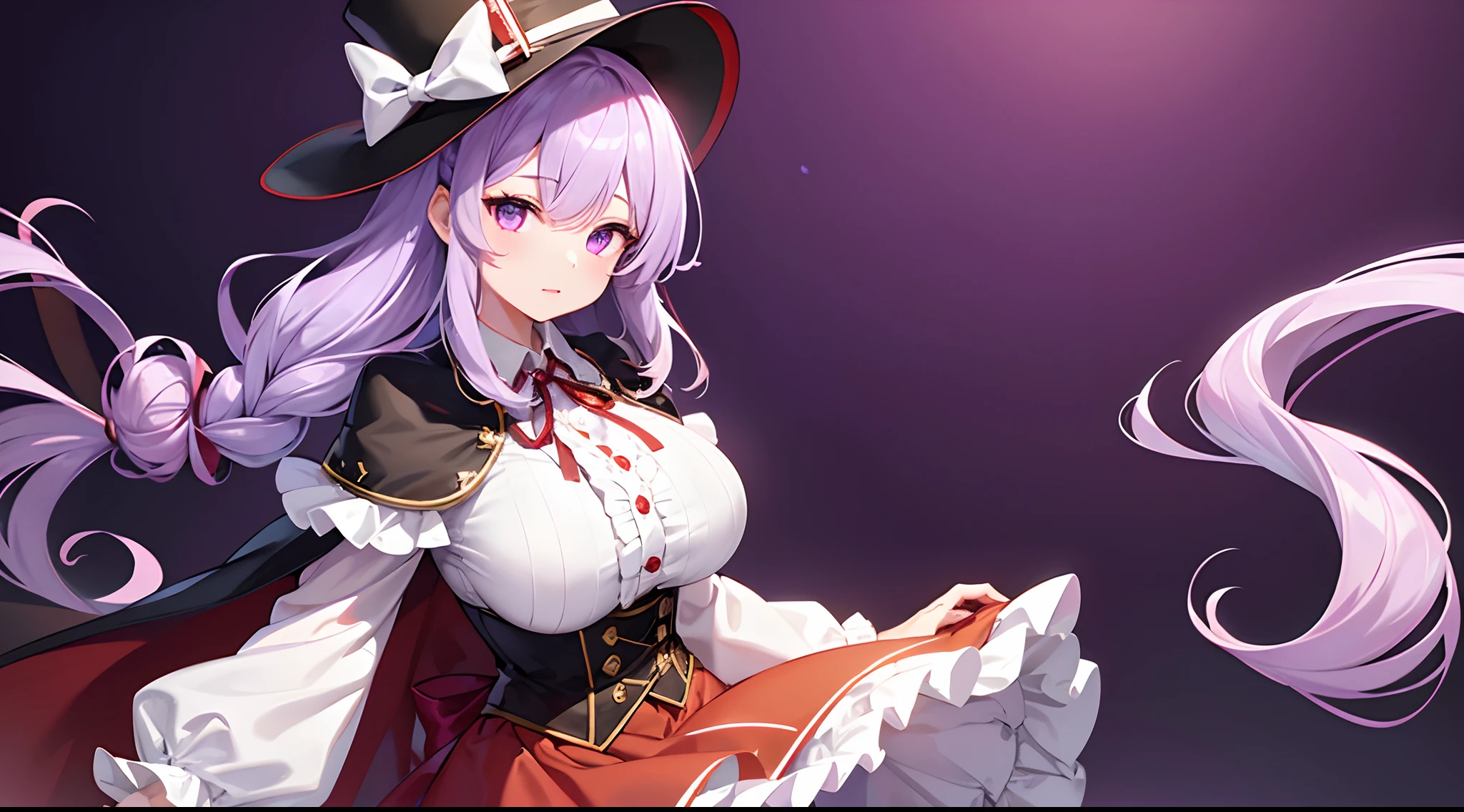 1 girl, game CG, frilled white shirt, short red skirt, cloak, top hat, neck ribbon, hair ribbon, gigantic breasts, light purple hair, long hair, french braid, purple eyes, Halloween background,