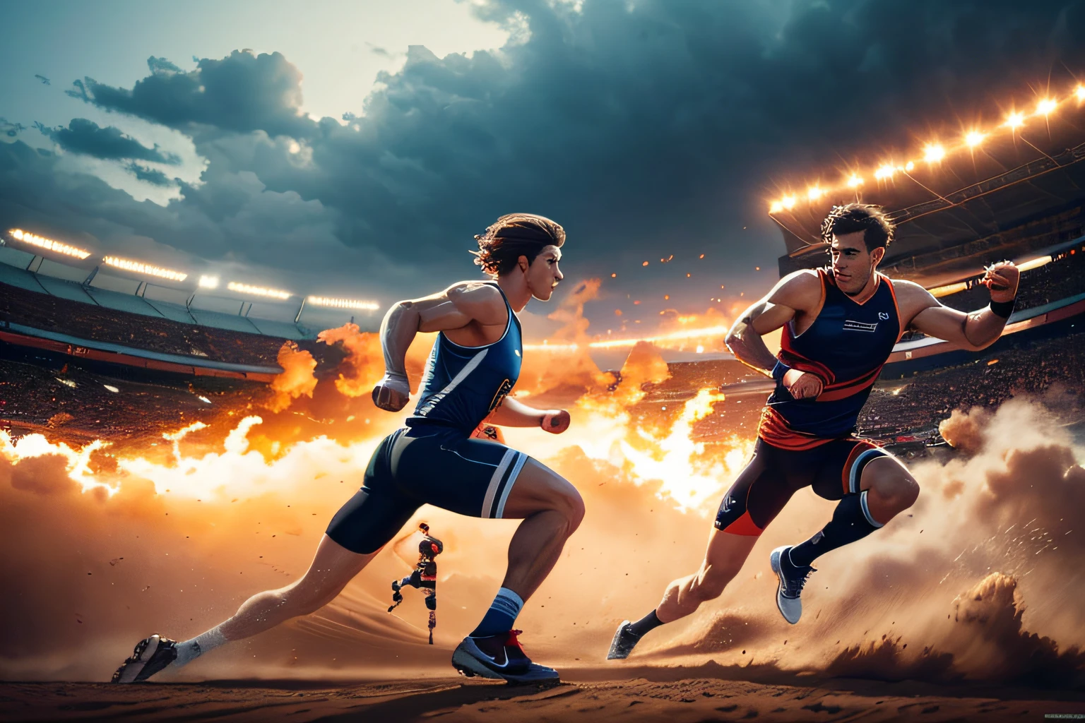 poster design for a sports, dynamic and action-packed scene of two athletes in motion with, European people