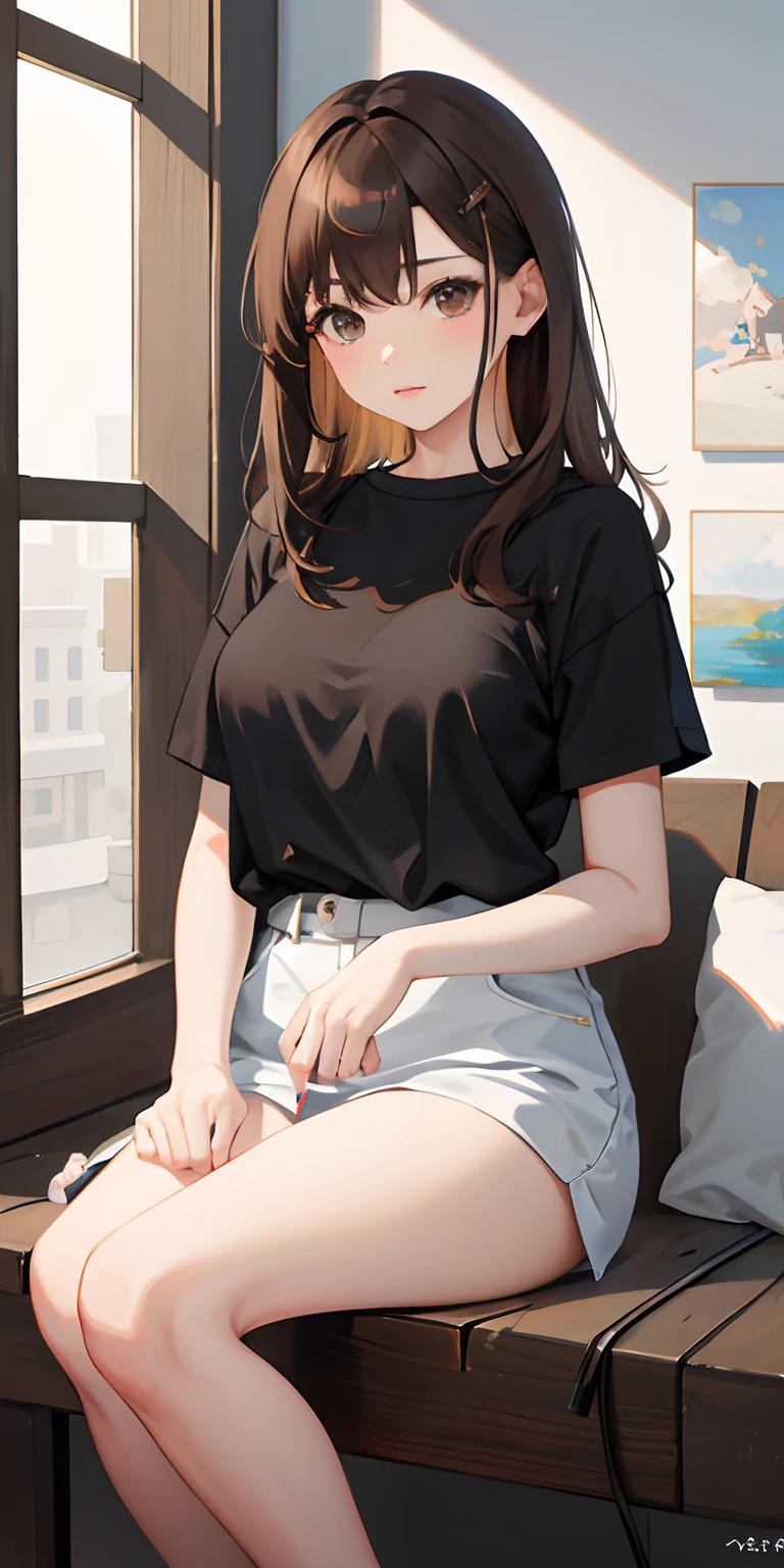 1 adult female, Oil Painting, Painting \(Medium\), ((wlop))、brown haired、swept bangs