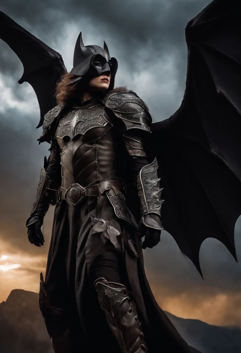 bat wings of the big-haired demon character, lips in black color, Gothic armor in gasoline color, Novo, Linda, impressionante, bem detalhada, Magnificent, 8k, Angelic Art, sky with clouds, dramatic scene, cabelo alaranjado longo, armadura, manto de cavaleira