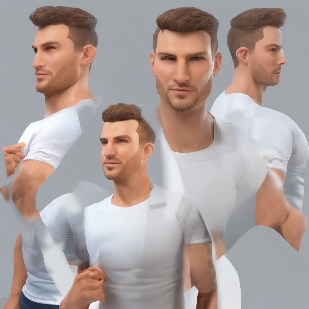(fotogrdeia: 1.3) de (realidade: 1.4), (((camiseta branca))), (homem sem cabelos), super high resolution, (realidade: 1.4), 40 anos, Avatar Masculino luz suave , short hair, Foco Facial, alegre, jovem, confiante, ((fundo cinza)), (((monochrome background))), High definition, Detalhes, Olhando levemente para cima, imagem perfeita, qualidade do filme, Ultra High Definition, Avatar Masculino, lindo homem, jovem e bonito, rosto delicado, elegante e luxuoso
