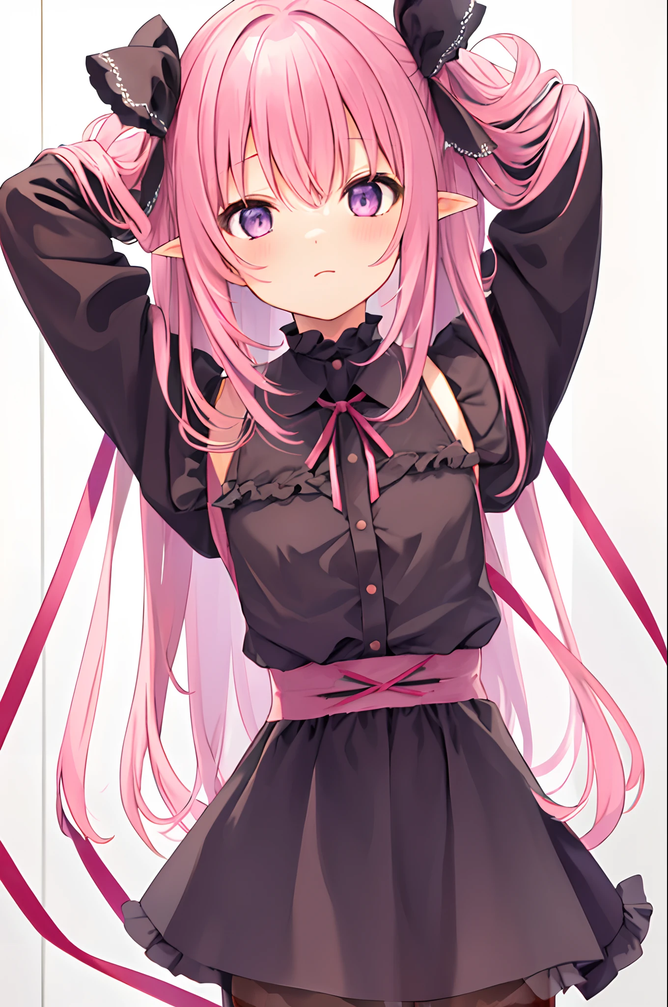 1girll, Pink_Hair, two sides up, Small breasts, ribbon, cowboy_Shot, arms back behind, Black dress