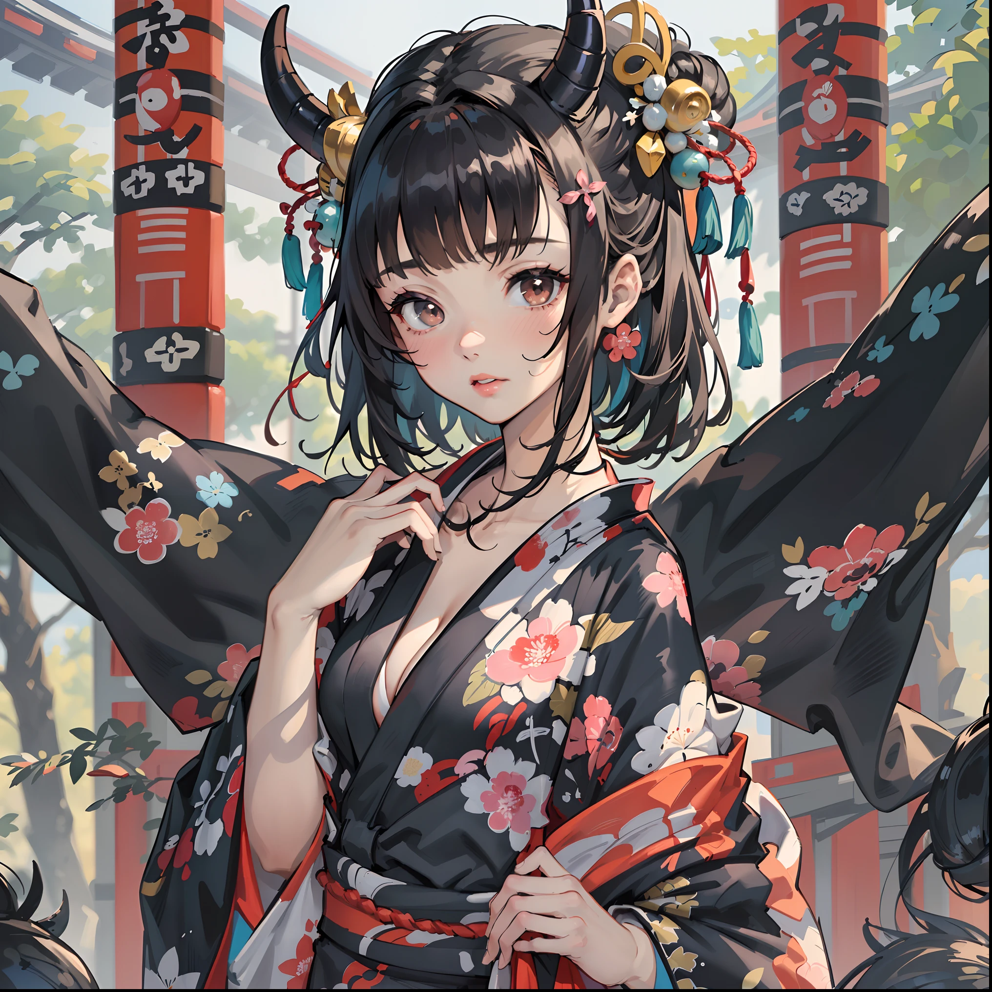 (masterpiece, best quality:1.2), (1girl, solo), 20years old, upper body, (kimono, undressing, black bikini bra, bare shoulder), (black hair, single bun), demon horns, sweat, gleaming skin, Japanese ancient capital, (Japanese ancient festival, MATSURI)