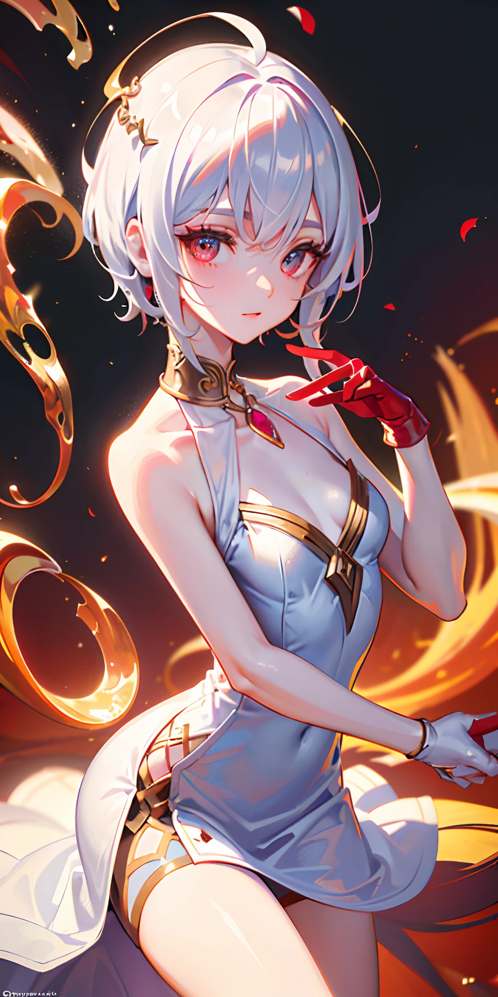 (Masterpiece, Side Light, Fine Beautiful Eyes: 1.2), (Masterpiece * Portrait), Portrait, (Bust), Realistic, 3D Face, Sweet Skin, (Solo), (Close-up of Face), (Fire Opal General Scarlet Eyes), Hanging Corner of the Eye, ((High Detail Skin, Visible Pores)), (Perfect Figure), A Beautiful Girl, Small Breasts, (((Clear Dress)), (Neck Ring), (Short Glove as Short as Half the Palm)