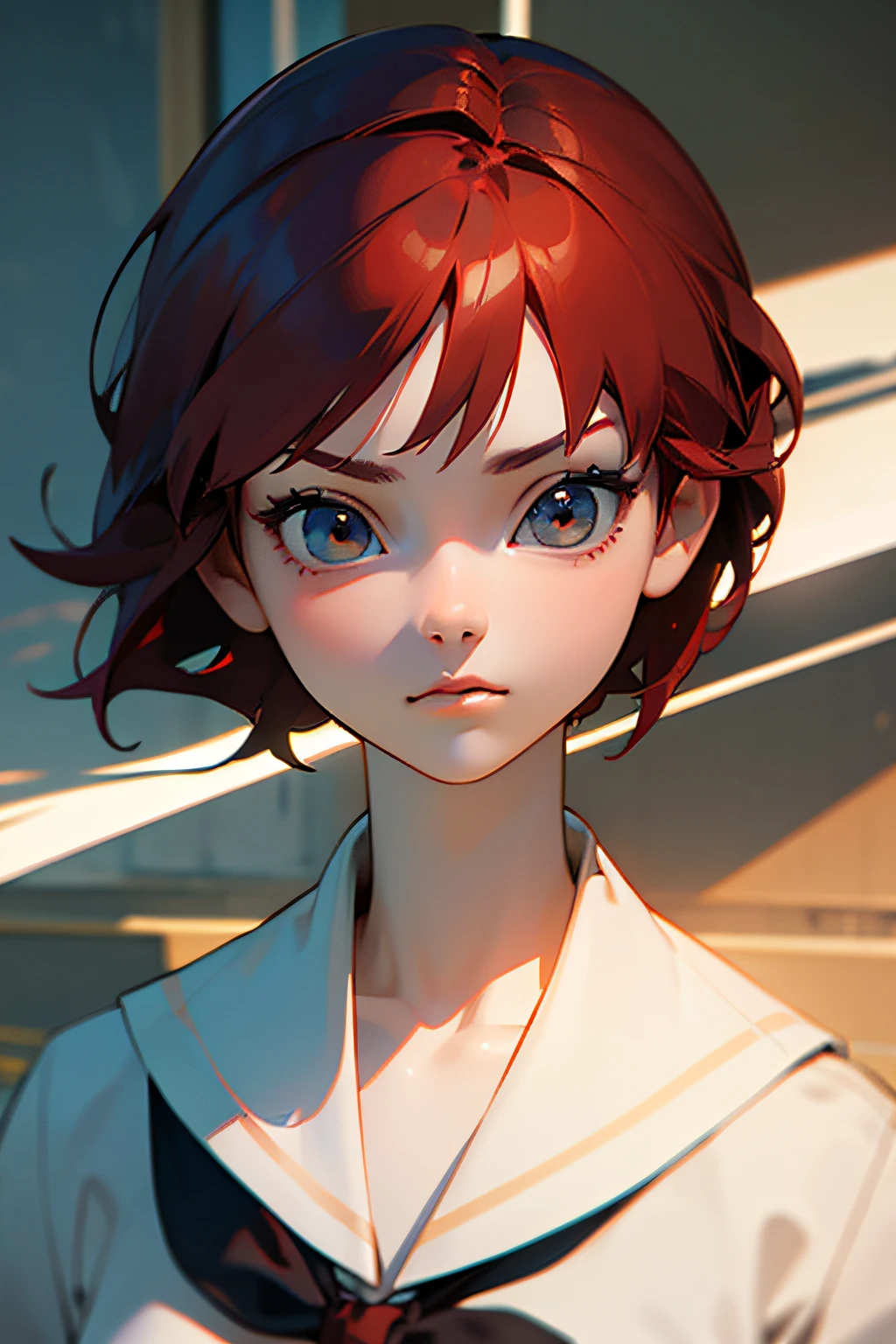 masterpiece,top-quality,3d rendering,super precision,Red-haired short-haired woman,Staring at this,Big eyes,Strong eye power,Rin々Facial expressions,Neat sailor suit,Toned and slender body,portlate,up of face
