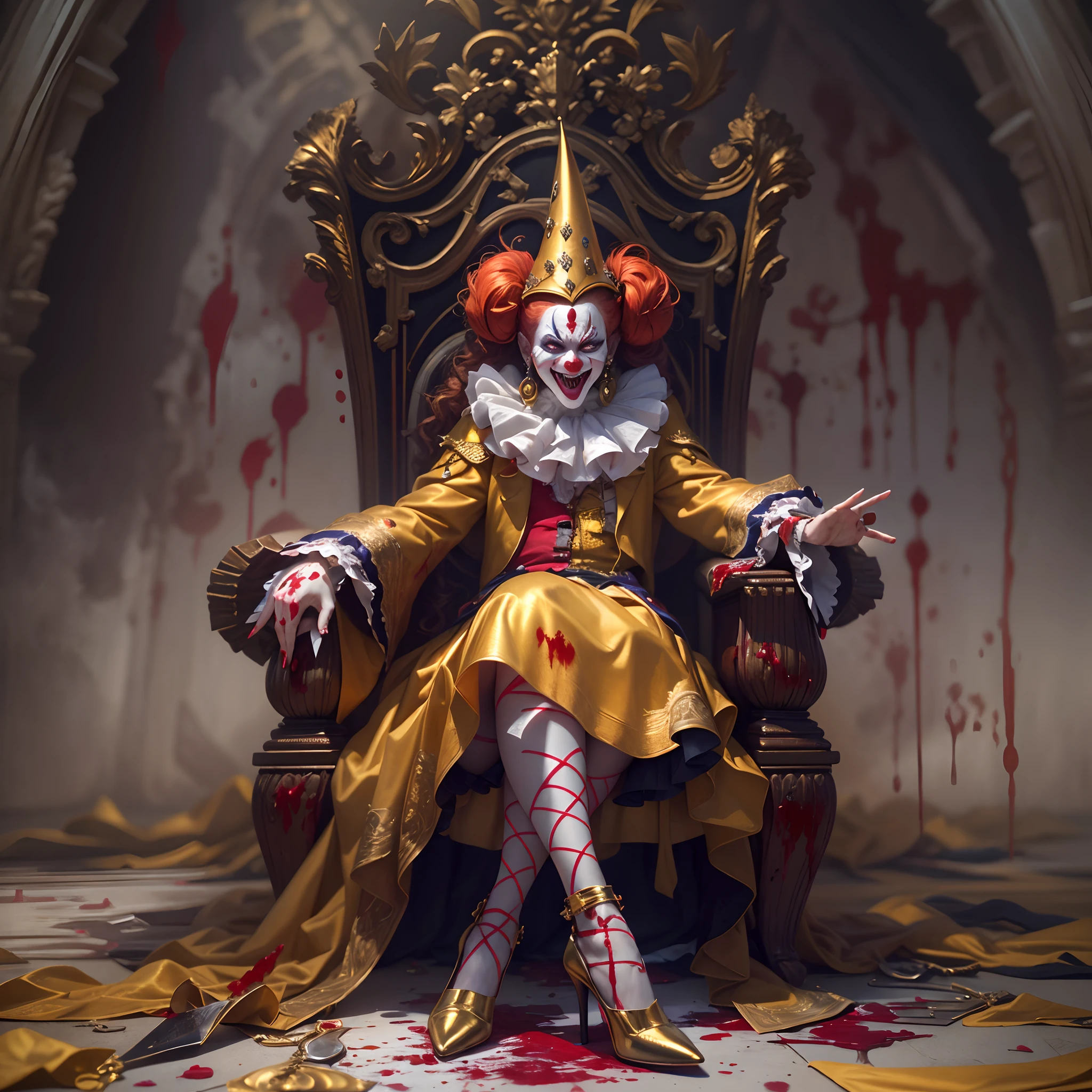 Crazy Clown Emperor,Clown girl colorful, Jester cap,Clown costume, mitts, dark gold hair,Cute,Wavy hair, hair-bun,high-heels。(sitting on golden throne), burst into laughter, (The ground was covered in blood), A pair of scissors dropped on the ground horror,painting-like,Sharp contrast,ominous lighting,(Best quality,4K,8K,A high resolution,Masterpiece:1.2),Ultra-detailed,(Realistic,Photorealistic,photo-realistic:1.37),