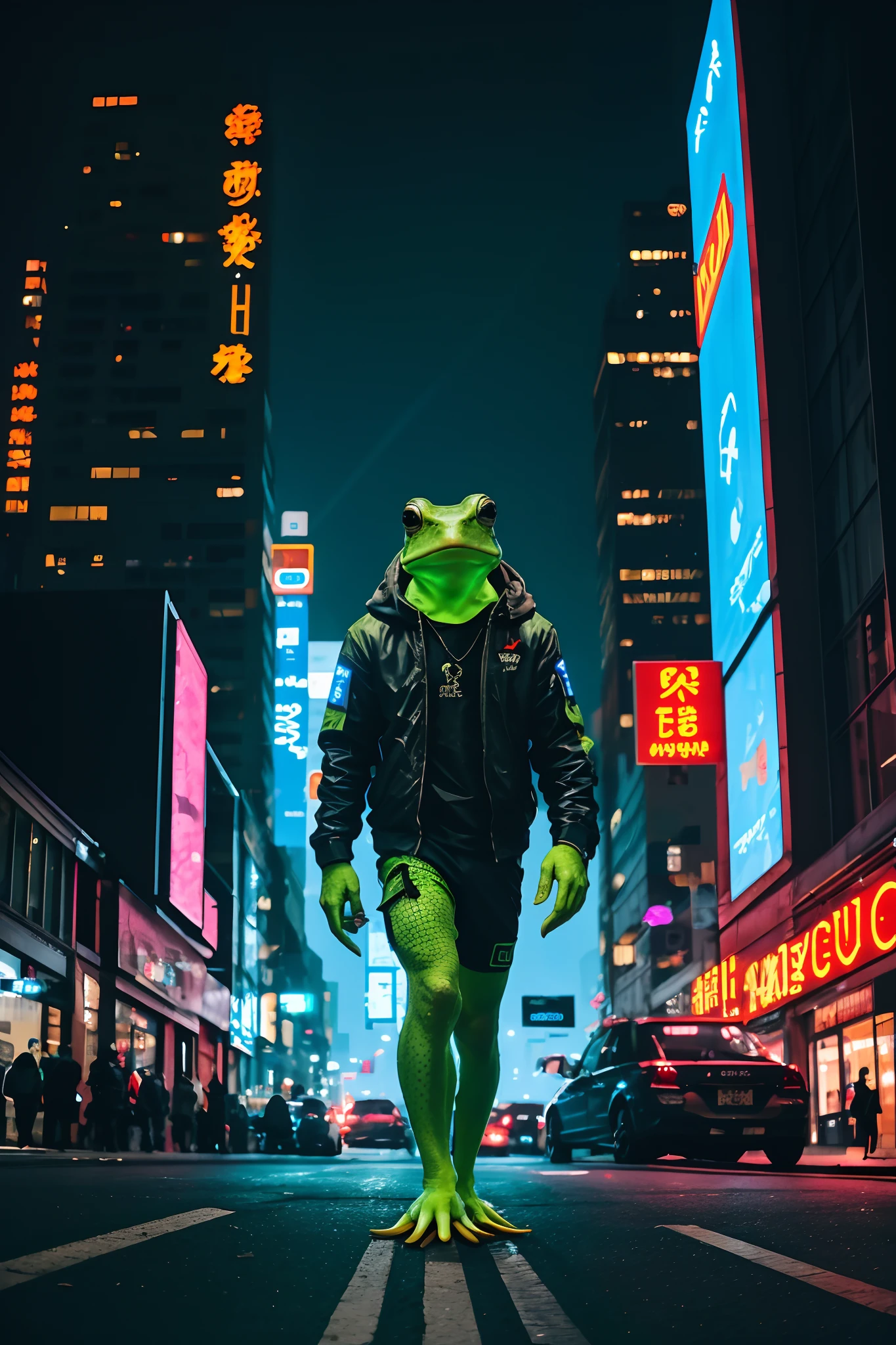A cyberpunk frog in the city at night