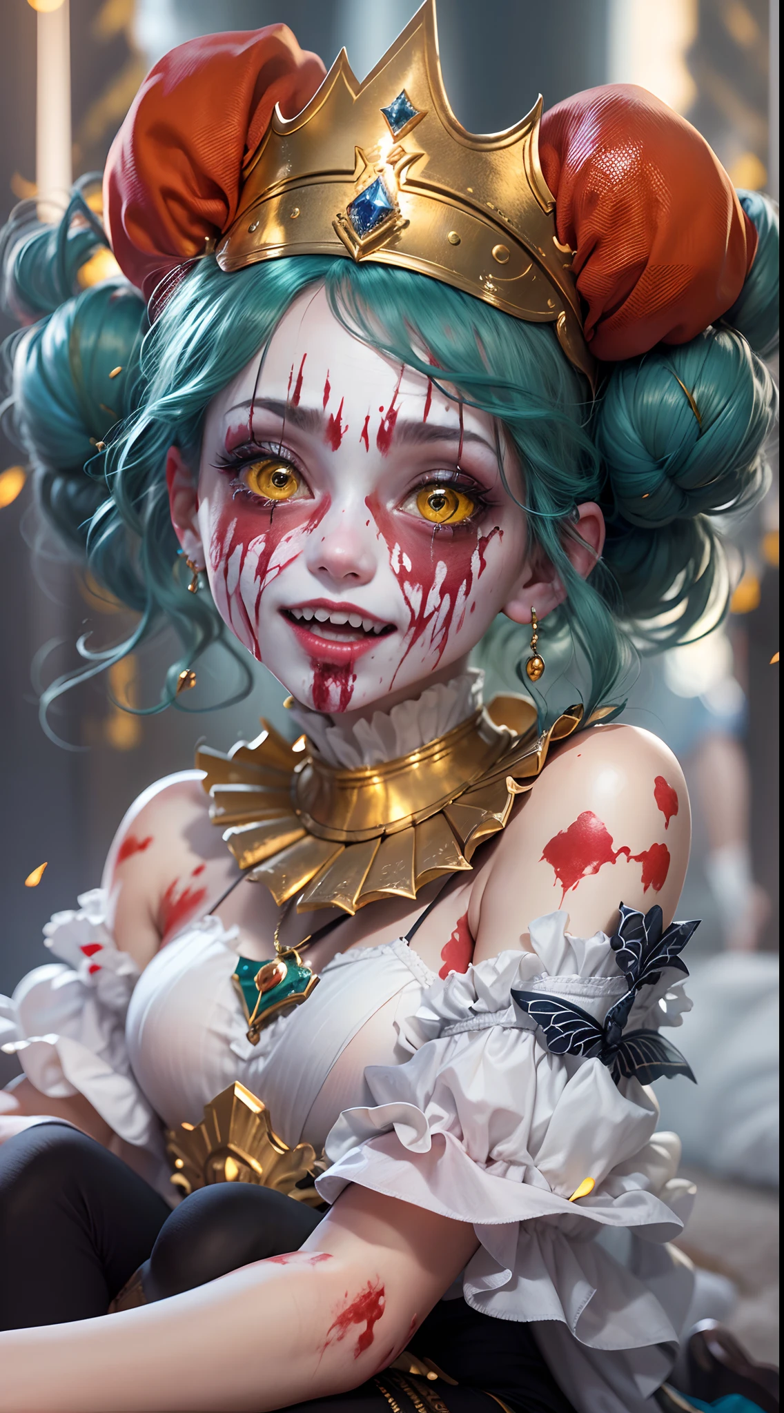 Crazy Clown Emperor,Clown girl colorful, Jester cap,Clown costume, mitts, dark gold hair,Cute,Wavy hair, hair-bun,high-heels。(sitting on golden throne), burst into laughter, (It's all blood), A pair of scissors dropped on the ground horror,painting-like,Sharp contrast,ominous lighting,(Best quality,4K,8K,A high resolution,Masterpiece:1.2),Ultra-detailed,(Realistic,Photorealistic,photo-realistic:1.37),