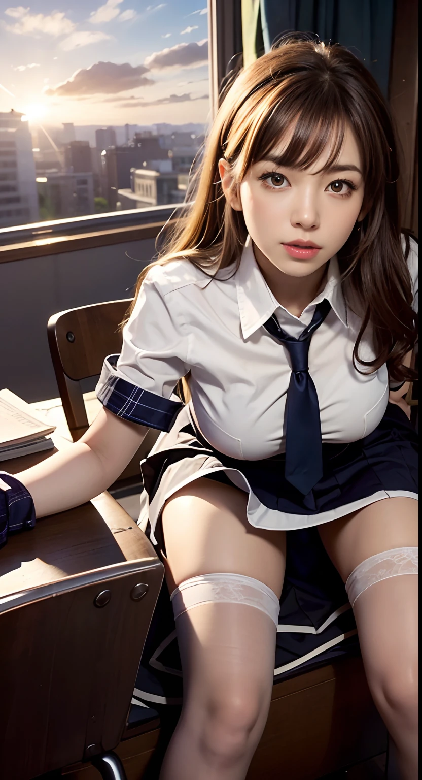 (masutepiece, Best Quality:1.2), 8K, 18year old, 85 mm, Official art, Raw photo, absurderes, White dress shirts, Pretty Face, close up, Upper body, violaceaess, gardeniass, Beautiful Girl, School uniform, (Navy pleated skirt:1.1), Cinch West, thighs thighs thighs thighs, Short sleeve, on train, Sit on a bench seat, Looking at Viewer, No makeup, (Smile:0.4), Film grain, chromatic abberation, Sharp Focus, face lights, clear lighting, Teen, Detailed face, Bokeh background, (dark red necktie:1.1)、Colossal tits