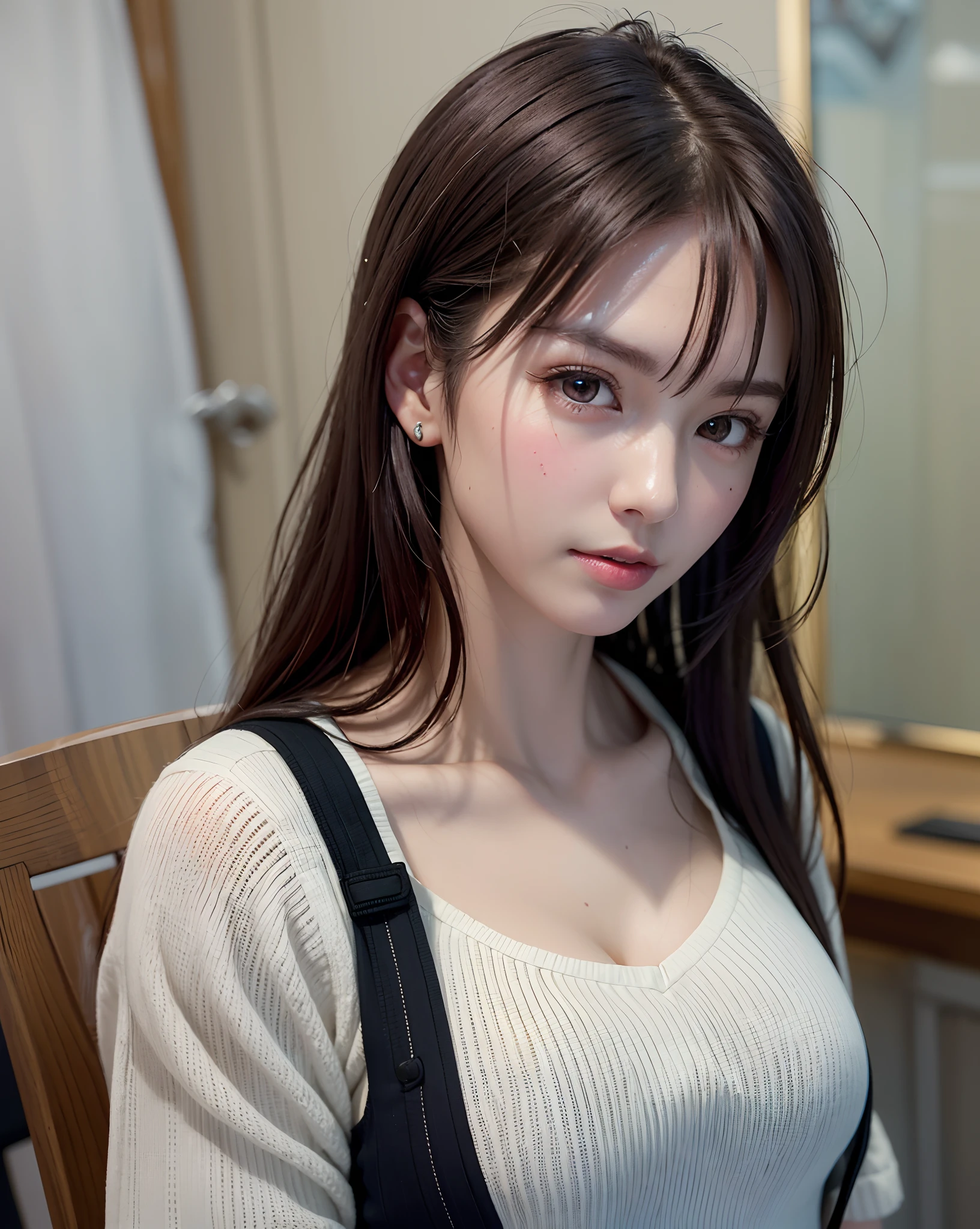 (in 8K, top-quality, ​masterpiece:1.2), (realisitic, Photorealsitic:1.37), ultra-detailliert, Natural sunlight, mideum breasts, I can see the cleavage, 1 persons, 25 year old woman, Dark hair, Pendants, Torn shorts, Light Knit V-Neck Shirt, At the time of performance, extremely detailed face and skin, A detailed eye, extremely detailed face and skin