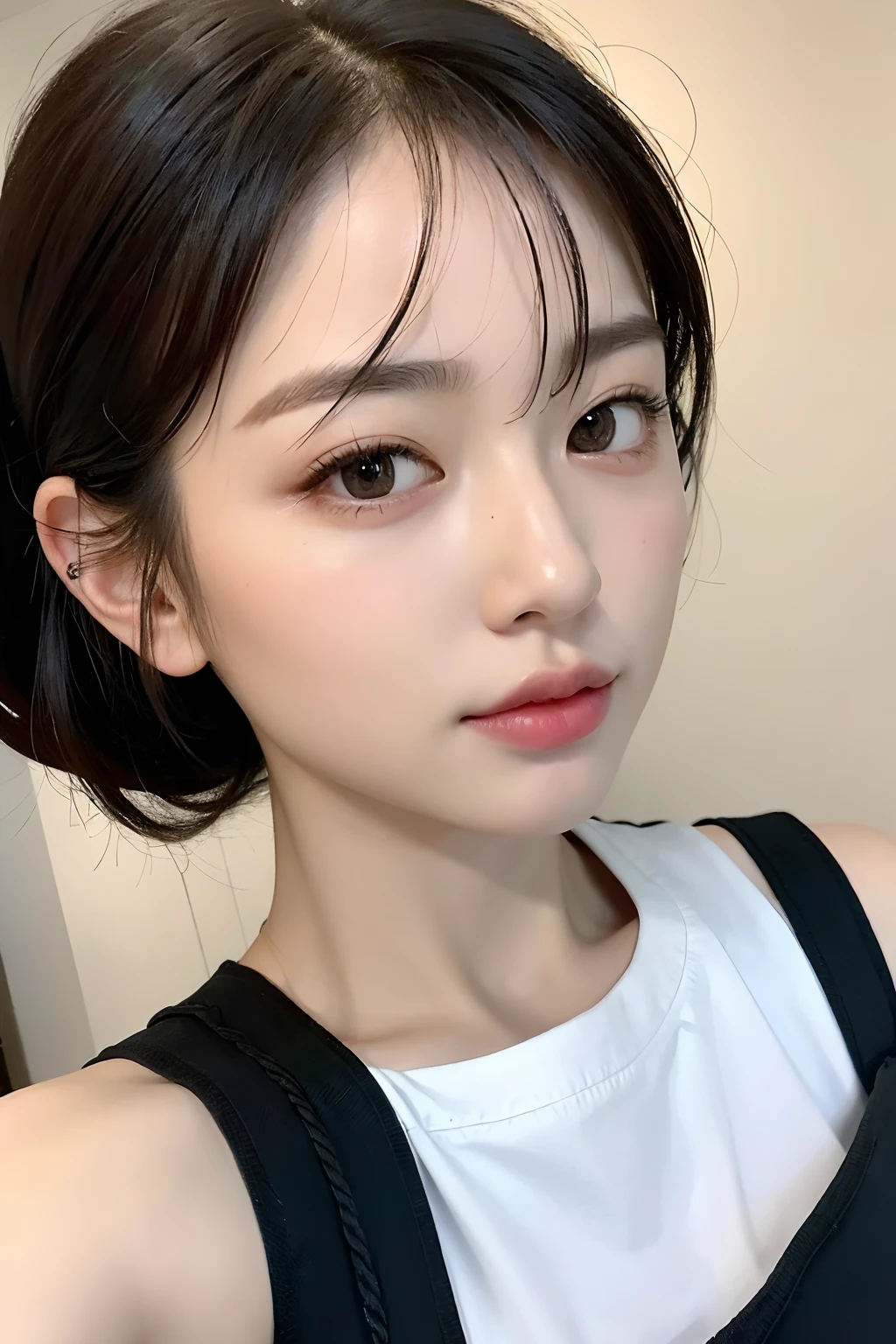 ((Best quality, 8k, Masterpiece :1.3)), full body, 1 adorable girl, youthful, delightful cute face, black hair, hair tied, random boyish outfit, aesthetic selfie, ultra-detailed face, extremely perfection, detailed eyes, double eyelid, big doe-eyed, straight nose, aesthetic pose, (random aesthetic background)