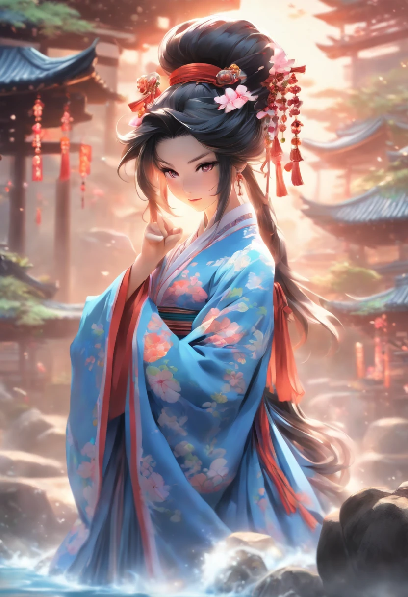 (best quality,4k,8k,highres,masterpiece:1.2), ultra-detailed, (realistic, photorealistic, photo-realistic:1.37), portraits, anime, vivid colors, sharp focus, flowing hair, long black hair, blue dress, detailed eyes, detailed lips, sitting on a rock, long robes, Hanfu, onmyoji, black-haired mage, Onmyoji detailed art, touhou, full-body xianxia