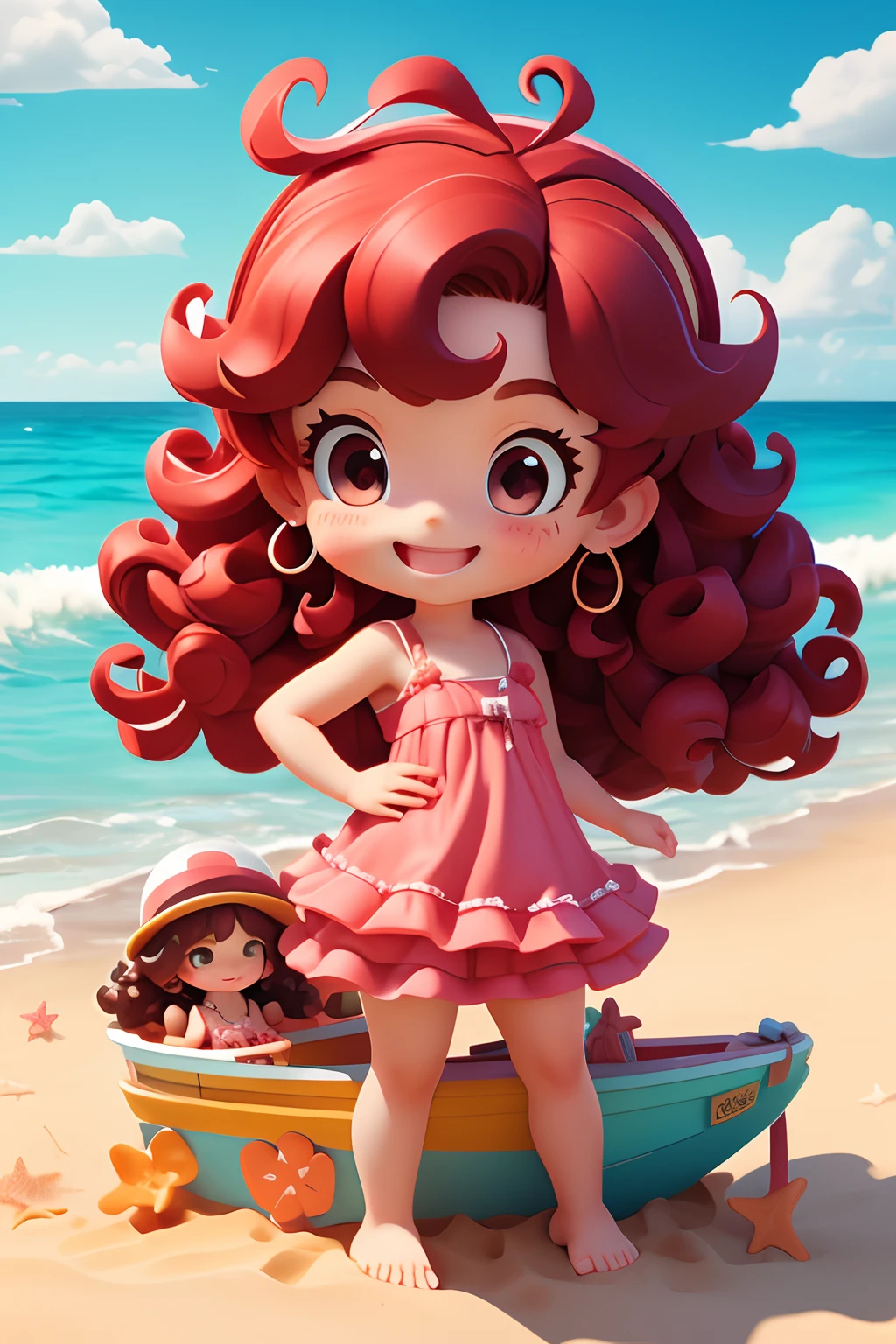 Very large landscape illustration with small character. Menina 9 anos.. personagem para capa de ebook infantil. Curly and red hair up to the shoulder. Bow on pink head. Olhos castanhos e grandes. pele branca. mesmo personagem. usando short azul escuro e blusa amarela. Meia branca e sapato preto. various poses, mesmo personagem, on an island paradise, muitas praias, crystal water, Barcos, , felizes, felizes, de qualidade perfeita, menina de costas, lateralmente, Attracted, lateralmente, lado a lado, fisionomia diferente da face. Foco claro .feliz, feliz, qualidade perfeita, foco claro (mess-house: 0.8), (obra-prima: 1.2) (realista: 1.2) (bokeh) (melhor qualidade) (pele detalhada: 1.3) (detalhes intrincados) (8K) (olhos de detalhe) (foco nítido), (feliz)