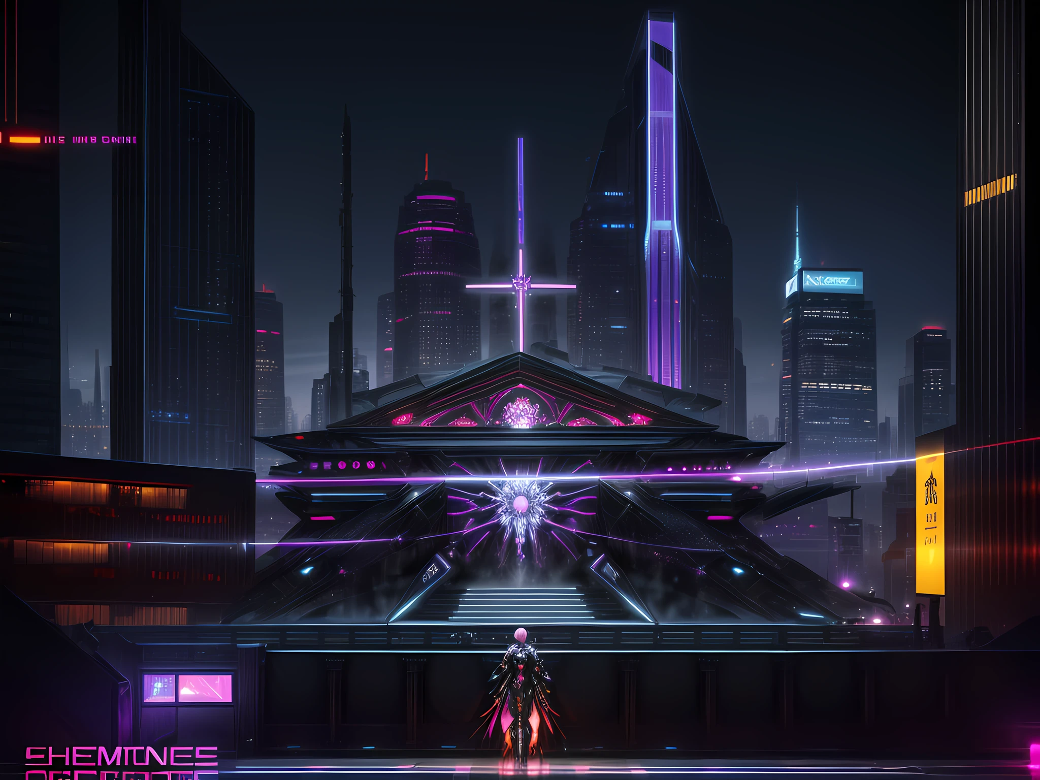 Best detailed, ultra detailed, cyberpunk art, a picture of a futuristic (church: 1.3) in cyberpunk punk city, you see the whole building, great cyberpunk art, bright neon lights, christian decorations in cyberpunk elementts, a sports car parked in the entrance of the church, the cross lit in pink light, stained glass art in neonic colors, cyberpunc futuristic city background, 16k, RAW, ultra wide shot, photorealism, depth of field, hyper realistic, 2.5d rendering,guanyin