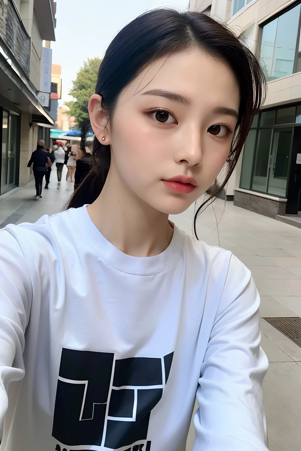 ((Best quality, 8k, Masterpiece :1.3)), full body, 1 adorable girl, youthful, delightful cute face, black hair, hair tied, random boyish outfit, aesthetic selfie, ultra-detailed face, extremely perfection, detailed eyes, double eyelid, big doe-eyed, straight nose, aesthetic pose, (random aesthetic background)