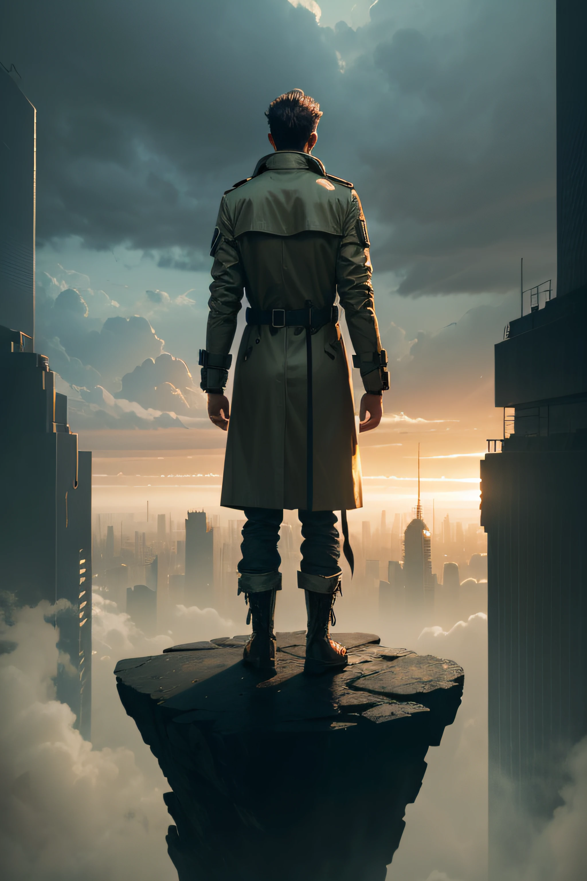 a man wearing a knee-length trench coat seen from the back, sci-fi, apocalyptic, standing on a ledge