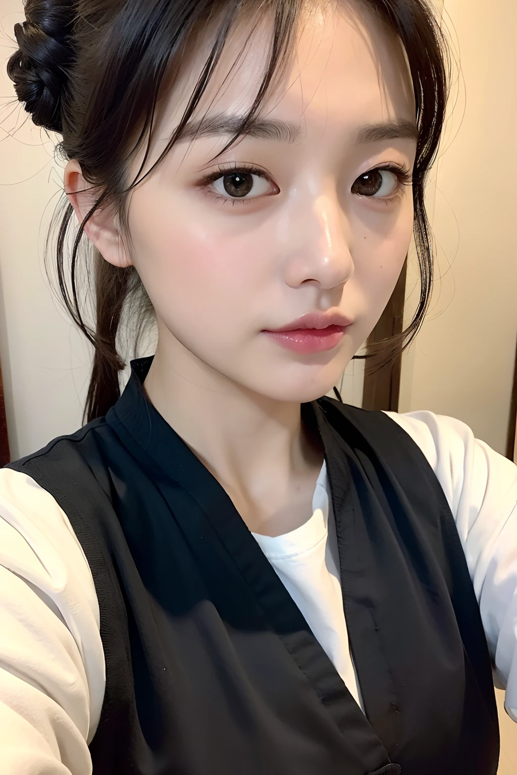((Best quality, 8k, Masterpiece :1.3)), full body, 1 adorable girl, youthful, delightful cute face, black hair, hair tied, random boyish outfit, aesthetic selfie, ultra-detailed face, extremely perfection, detailed eyes, double eyelid, big doe-eyed, straight nose, aesthetic pose, (random aesthetic background)