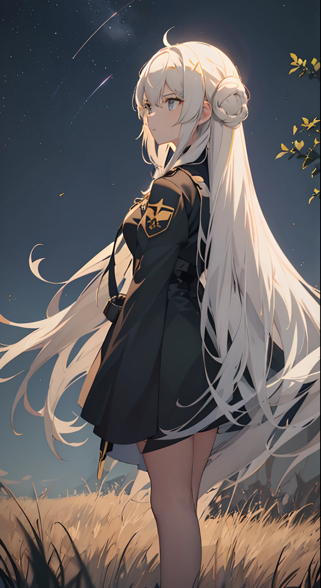 Anime girl with long white hair standing in the grass、Stars in the sky, from girls frontline, Kantai Collection Style, from arknights, Trending on ArtStation pixiv, guweiz on pixiv artstation, girls frontline style, guweiz on artstation pixiv, anime girl wearing a black dress, zerochan art, white haired god