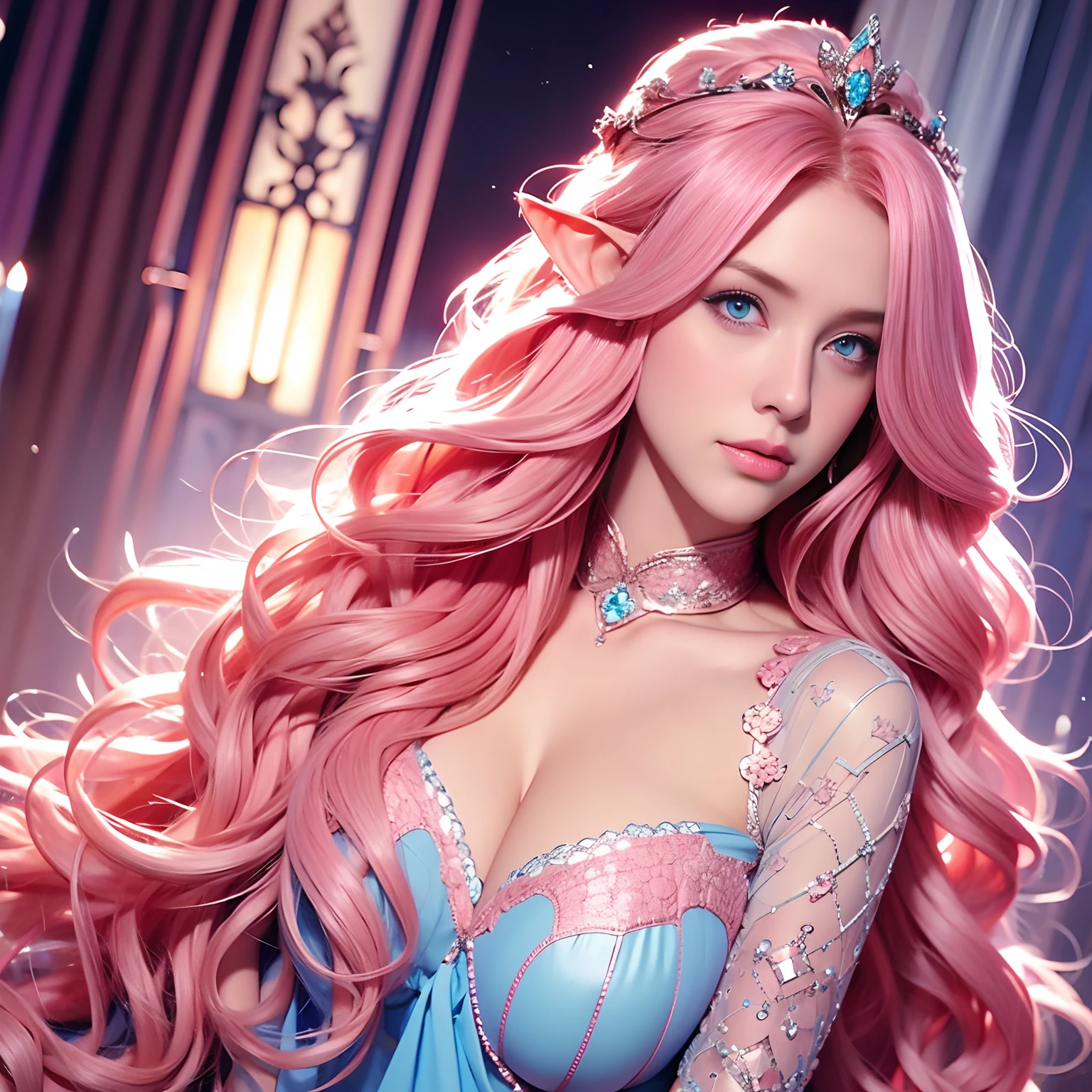 a woman, long curly hair, pink hair, blue eyes, elf, cute, queen, crown, sexy