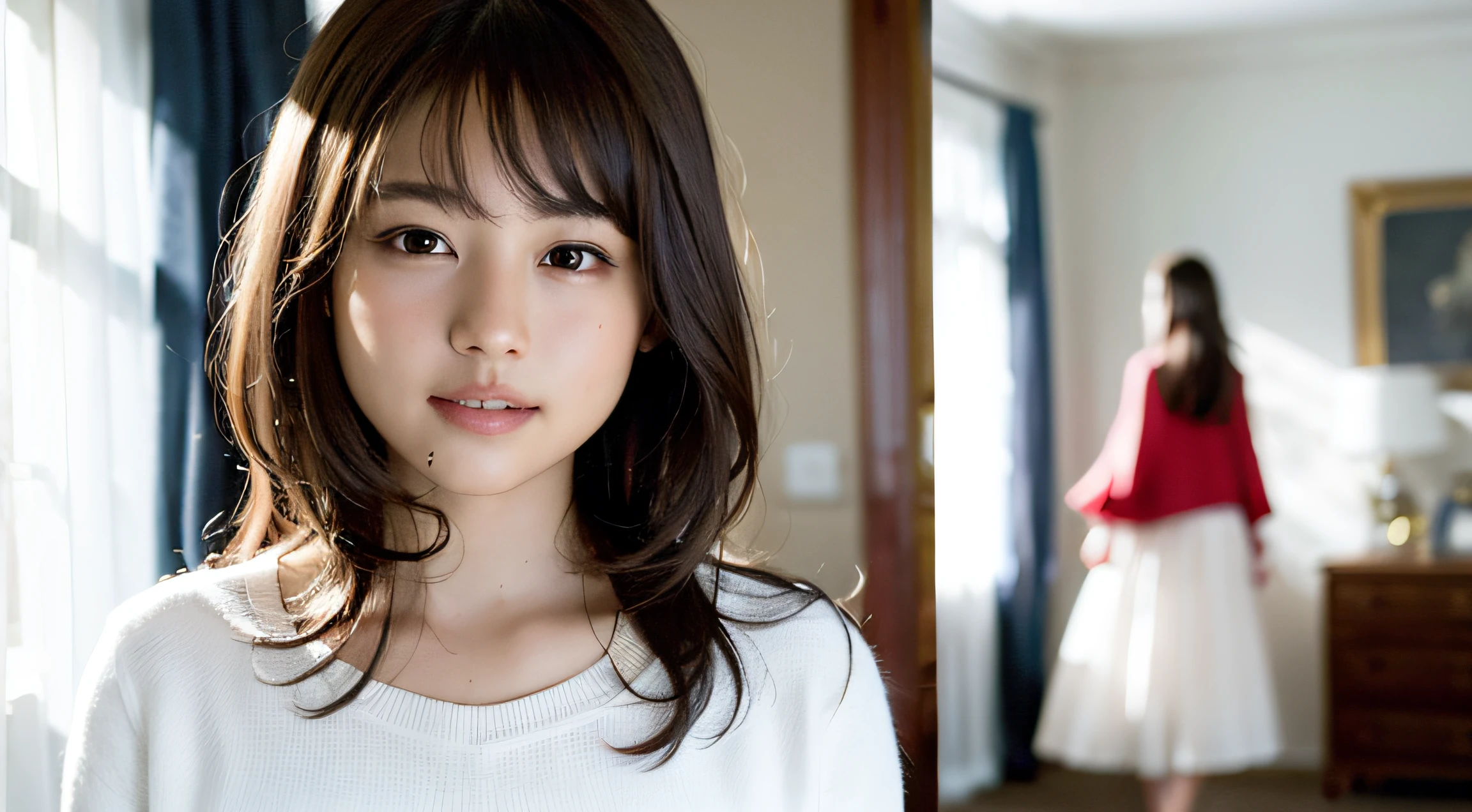 (8K、Raw photography、Top image quality、​masterpiece:1.2)、(real picture:1.6)、(​masterpiece)、(Top image quality:1.0)、(Ultra Hi-Res:1.0)、detaileds、Soio、Detailed beautiful skin、Detail room, ,real looking skin, middlebreasts, top-quality, 超A high resolution, cute little, length hair, A smile, , white  shirt,