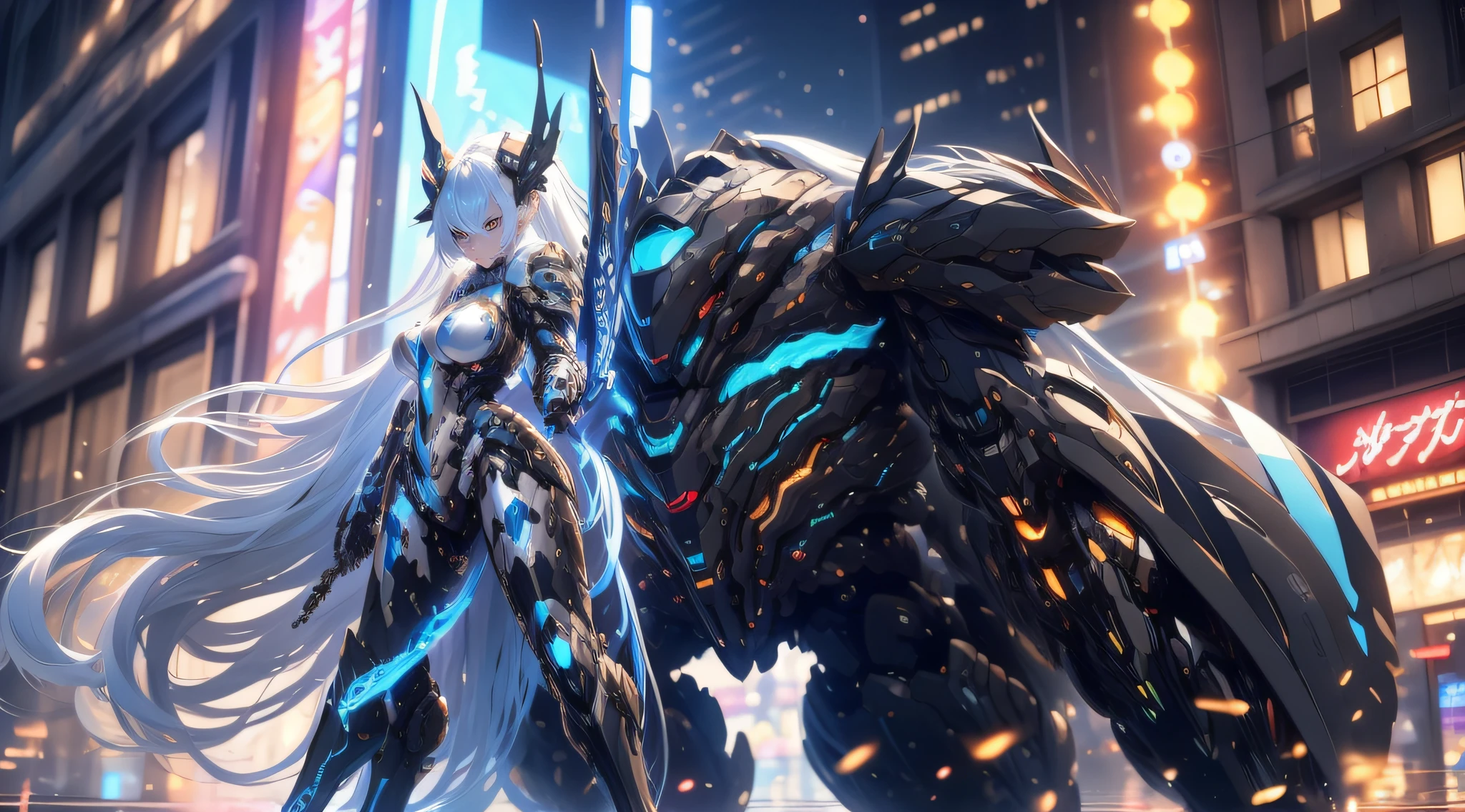 nsfw, 1girl, cyberpunk, mecha armor, mechanical, (masterpiece: 1.4), (8K, realistic, raw photo, best quality: 1.4), nipple areola shape clear, , Japanese girl, beautiful cute face, (real face: 1.4), perfect , beautiful hairstyle, realistic blue eyes, beautiful detail eyes, (real skin: 1.3), beautiful skin, attractive, ultra high resolution, ultra realistic, off-sheller, night view, burning city, post apocalyptic world, cinematic lighting, white colored hair, long hair, twin ponytails, blue ribbons, weapon in hands, alien robots, futuristic fantasy, legs open, bottom_view, battle pose
