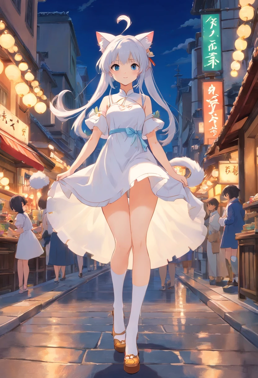 Stand barefoot,Masterpiece,long whitr hair,Extremely tall girls,A giantess,In the city,Full limbs,The face is delicate,White double ponytail,blue color eyes,White Lolita,Long-range shots,white stockings,There are cat ears on the head, white dresses, silber hair, cute anime waifu in a nice dress, cute big breasts,Chopstick legs,Slender calves,Slender,high-heels
