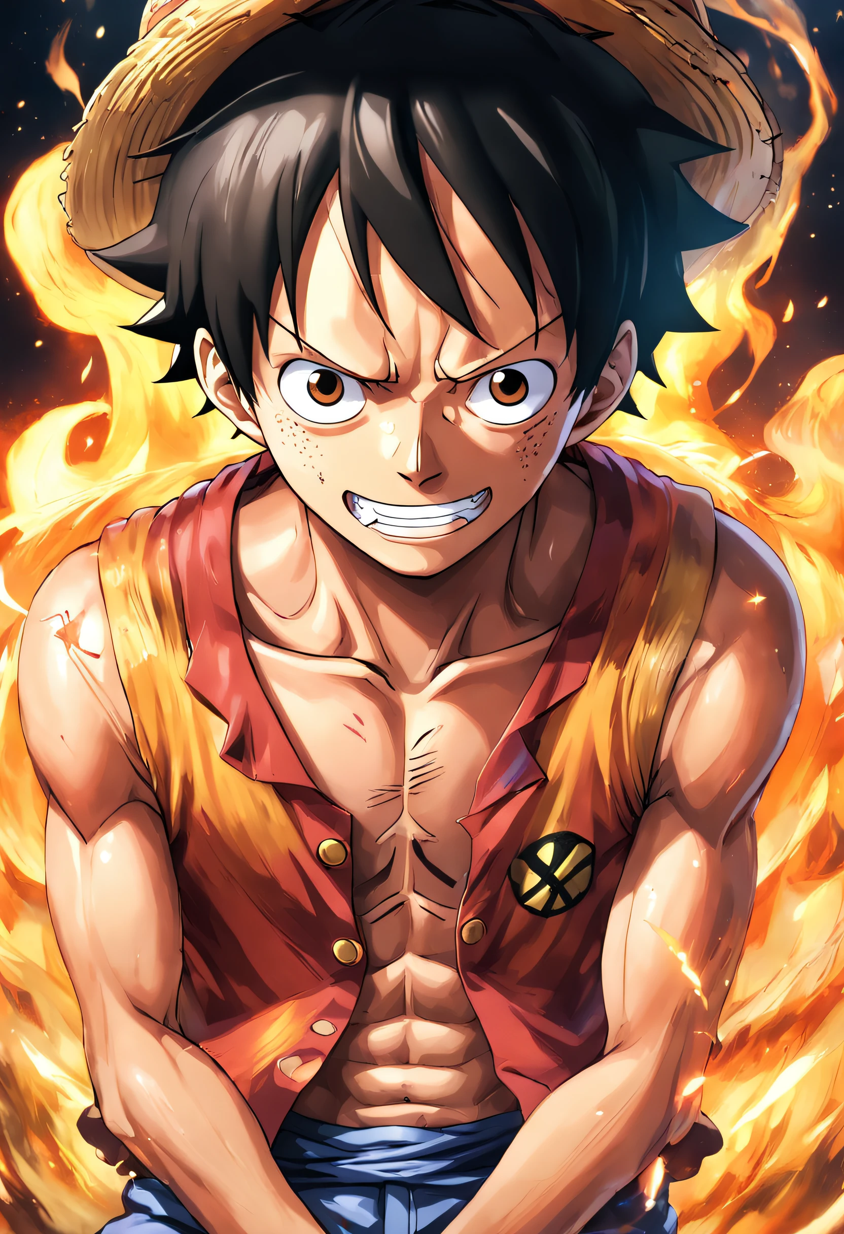 One Piece anime character Luffy soft lighting, colorido, good composition, Luz das estrelas ao redor, Negligencia, camisa fechada, Imagens de anime, Cicatrizes sob os olhos, Preparando-se para lutar, olhos amarelos --auto