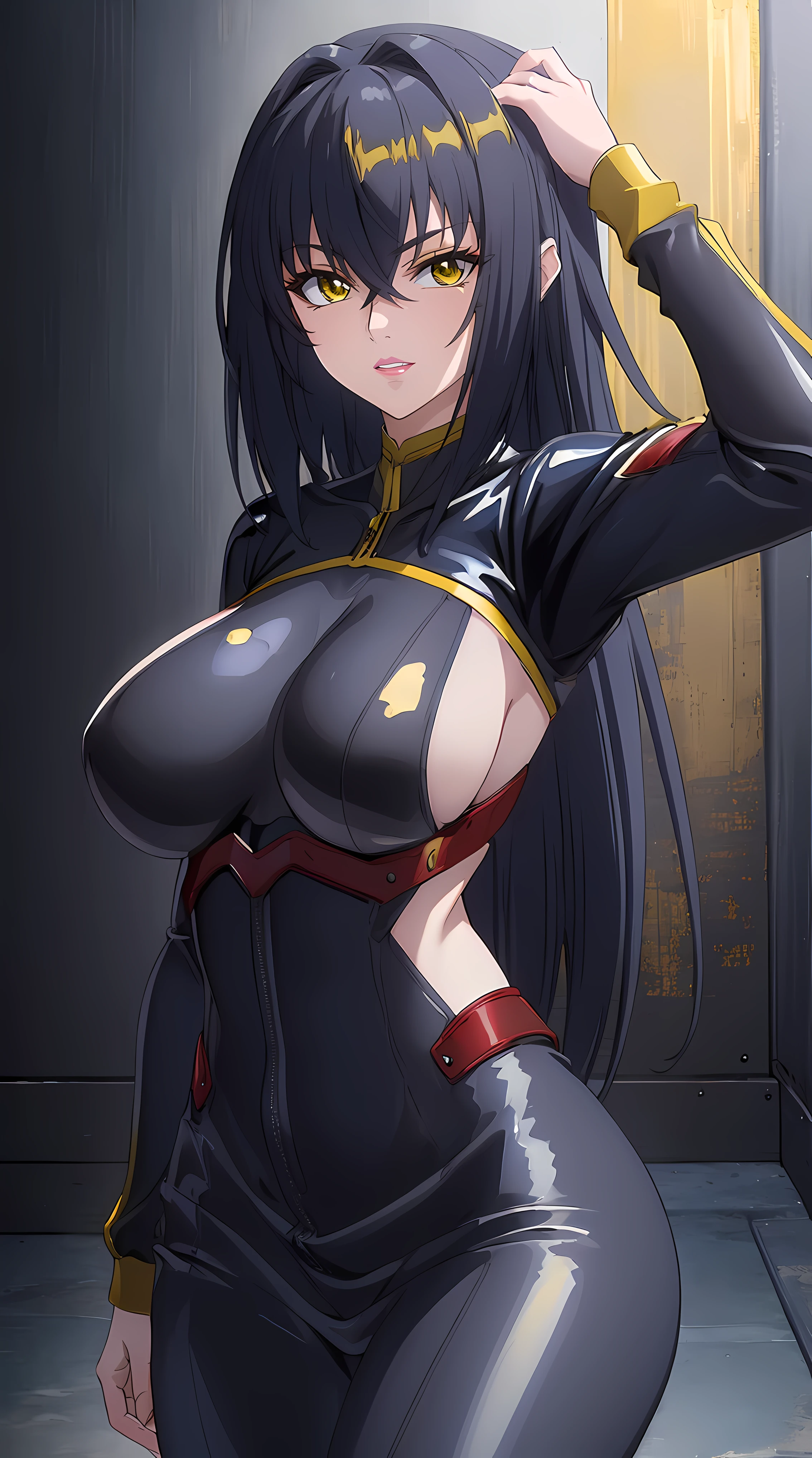 (masterpiece:1.4),(best quality:1.4, highres), beautiful face, beautiful eyes, 1girl, solo, female mature, black hair, long hair, (yellow eyes:1.4), large breasts, black latex suit, ((night vibe background)), hair intakes, exquisite eyes detail, exquisite face details, exquisite character design details 8k HDR, professional art, landscape, (solo:1.5, 1girl:1.4, cowboy shot:1.5), milf, 35 years old girl, (looking at viewer, smug, Lying against the wall, hand on head), Annerose